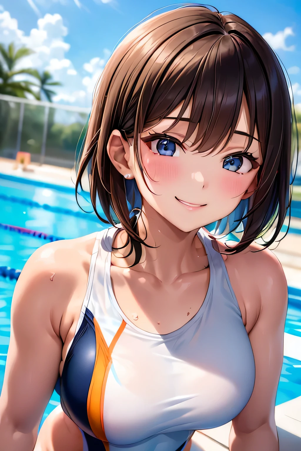 (((Competition diving board:1.3))),(((Sports towel))), (((Competition Pool 1.3))),((Competition Swimwear:1.7)),(((White one piece swimsuit))),Expressing happiness with a smile,Cute Face,Extreme close up of face,Shiny light brown and orange striped short hair,Perfect round face,iris,(hairpin、Floating Hair、),Big Breasts.Professional Lighting,Cinematic Light,(Tabletop,highest quality,Ultra-high resolution output images,) ,(8K quality),(Picture Mode Ultra HD),