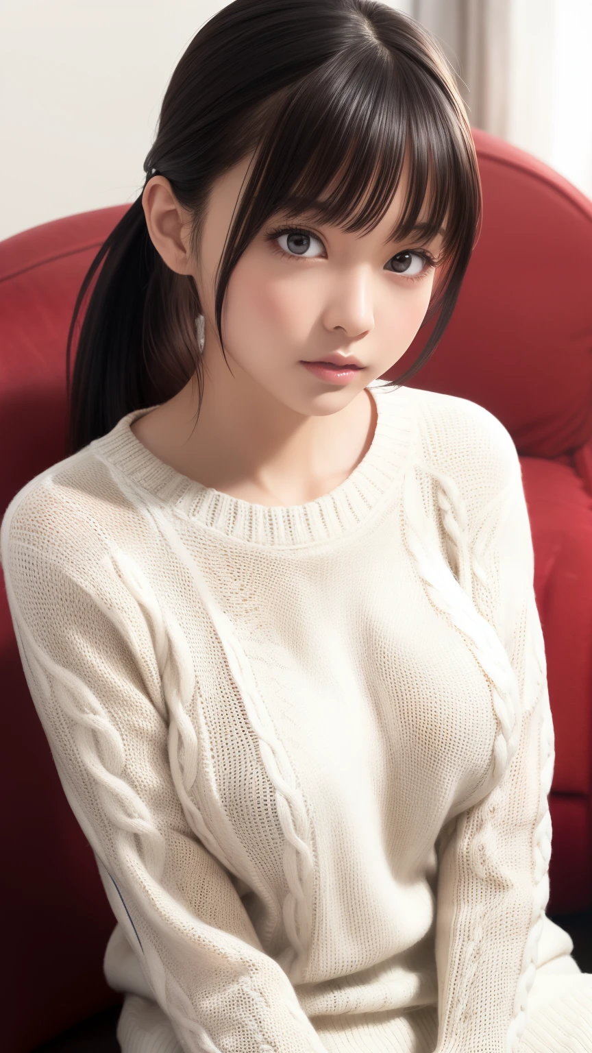 1girl, natural lighting, masterpiece, highly detailed, illustration, game CG, absurdres, high quality, aichan, large breasts, beautiful detailed eyes, medium black hair, ponytail, bangs, glossy lips, sitting, sofa, white knit sweater, 