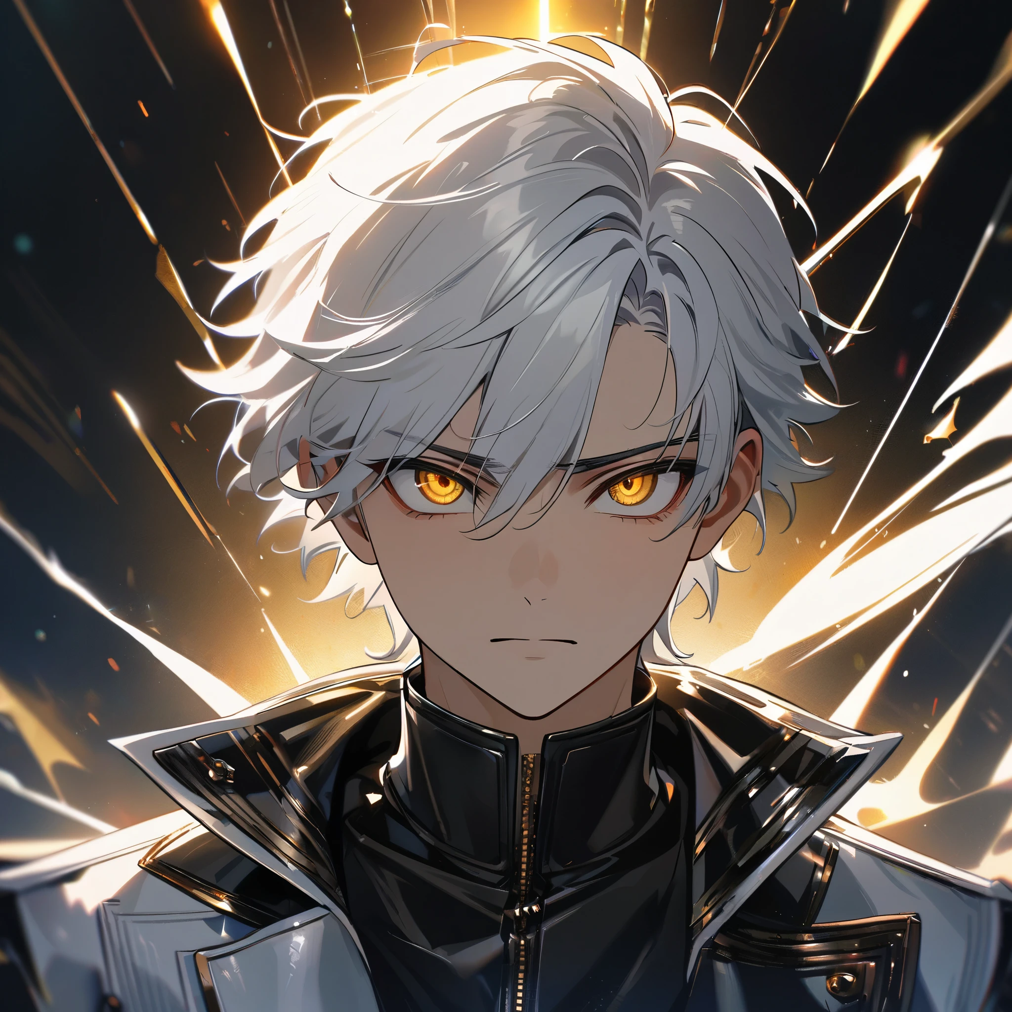High quality, HD, 4k, handsome male, 1male, 17 years old, teenager, golden lining, short white hair, sharp eyes, gold eyes, devil may cry, close up, calm expression, stoic expression, black leather clothes, white leather clothing, upper body, looking at viewer, cowboy shot, white solar, shining background