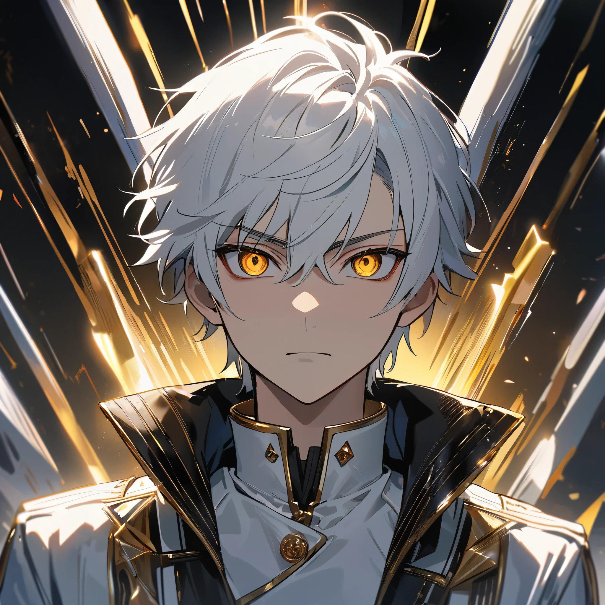 High quality, HD, 4k, handsome male, 1male, 17 years old, teenager, golden lining, short white hair, sharp eyes, gold eyes, devil may cry, close up, calm expression, stoic expression, black leather clothes, white leather clothing, upper body, looking at viewer, cowboy shot, white solar, shining background