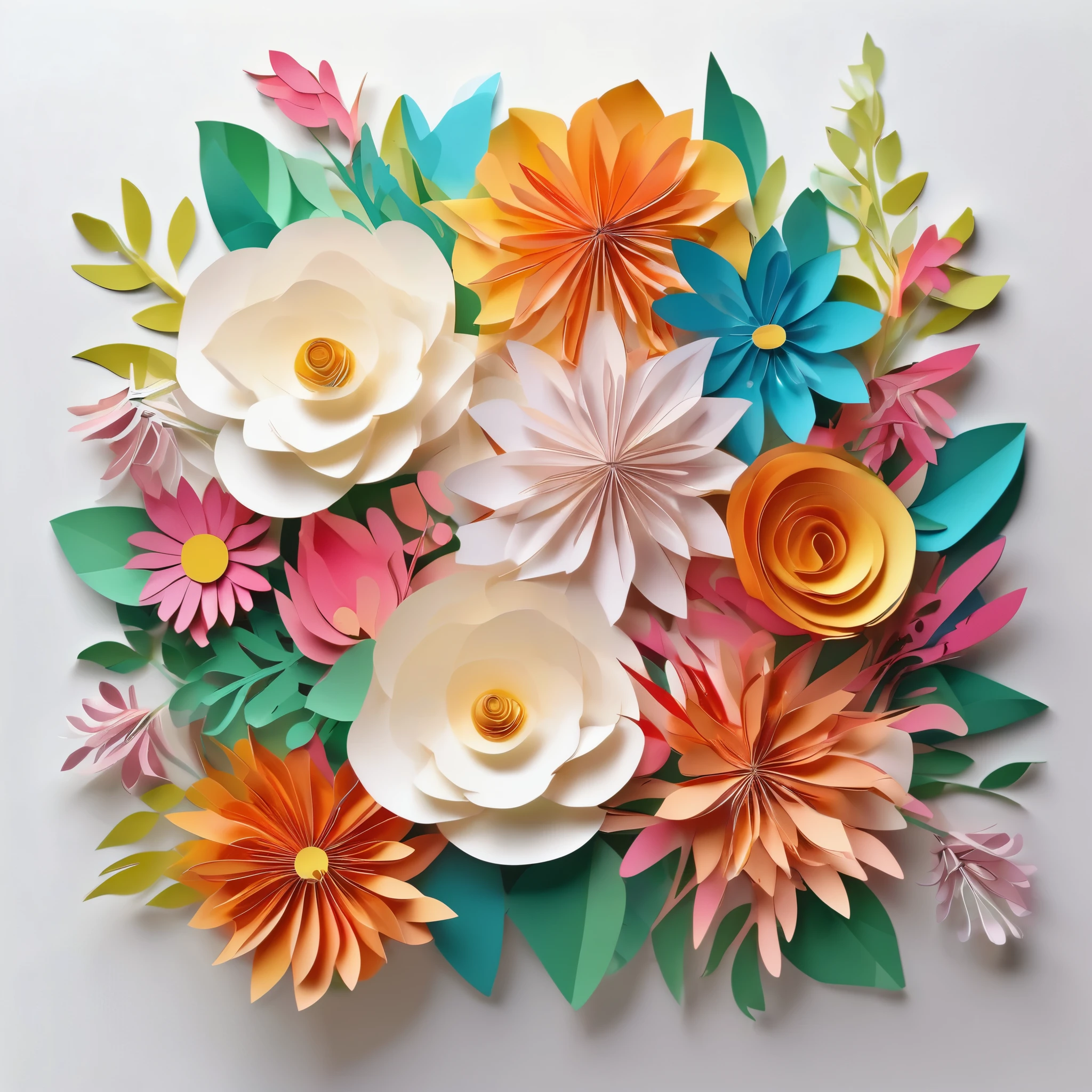 Design illustration of beautiful flowers bouquet, on a white background, centered in the scene, flowers with vegetation,frontal view, layeres paper design, kirigami style, detailed folds, vivid color palette, natural light, masterful craft, intrincated,4k, sharp focus, perfect paperfold, white background