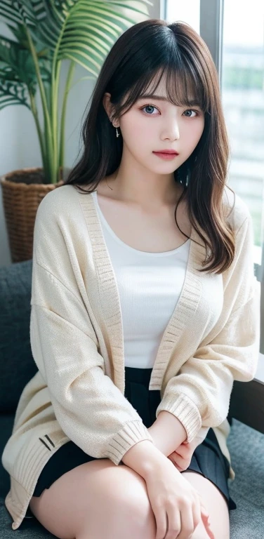 masterpiece, highest quality, 8k, 20th generation, Big Breasts, cute, alone, sad, cute, Girlish,cute 繊細な女の子, cute、Pure beauty,  RAW Photos, Professional photography, Portraiture, Soft Light, Professional Lighting, Backlight, avert your eyes, Sophisticated, Film Grain, (Eye and facial details:1.0), Round face、Floating Hair, beautiful, Flowing hair, Asymmetrical bangs、(Big Breasts:1.0)、White cut and sew、pastel cardigan、Micro Mini Skirt、Voluptuous thighs、dolly make、Heterochromia iridis、Midsummer sky、Cumulonimbuidsummer Beach