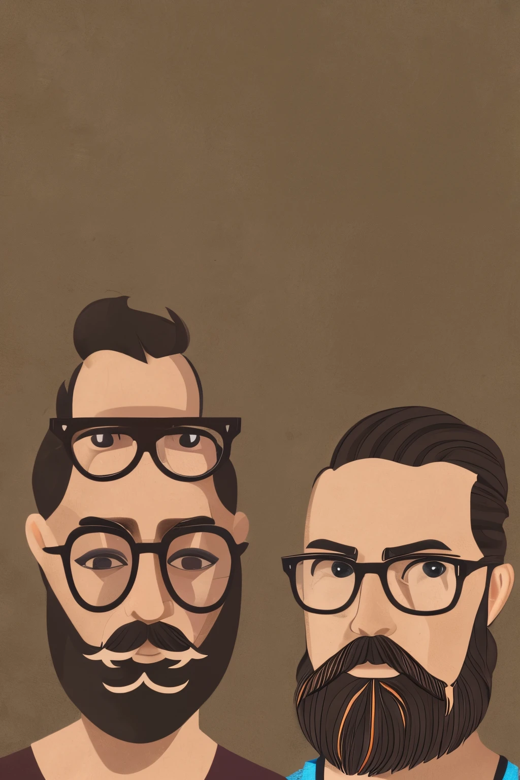 Una pareja, a hipster-style man with a beard and mustache with transparent square glasses with brown up-do and a woman with long wavy hair with thick eyebrows and a mole on her lip