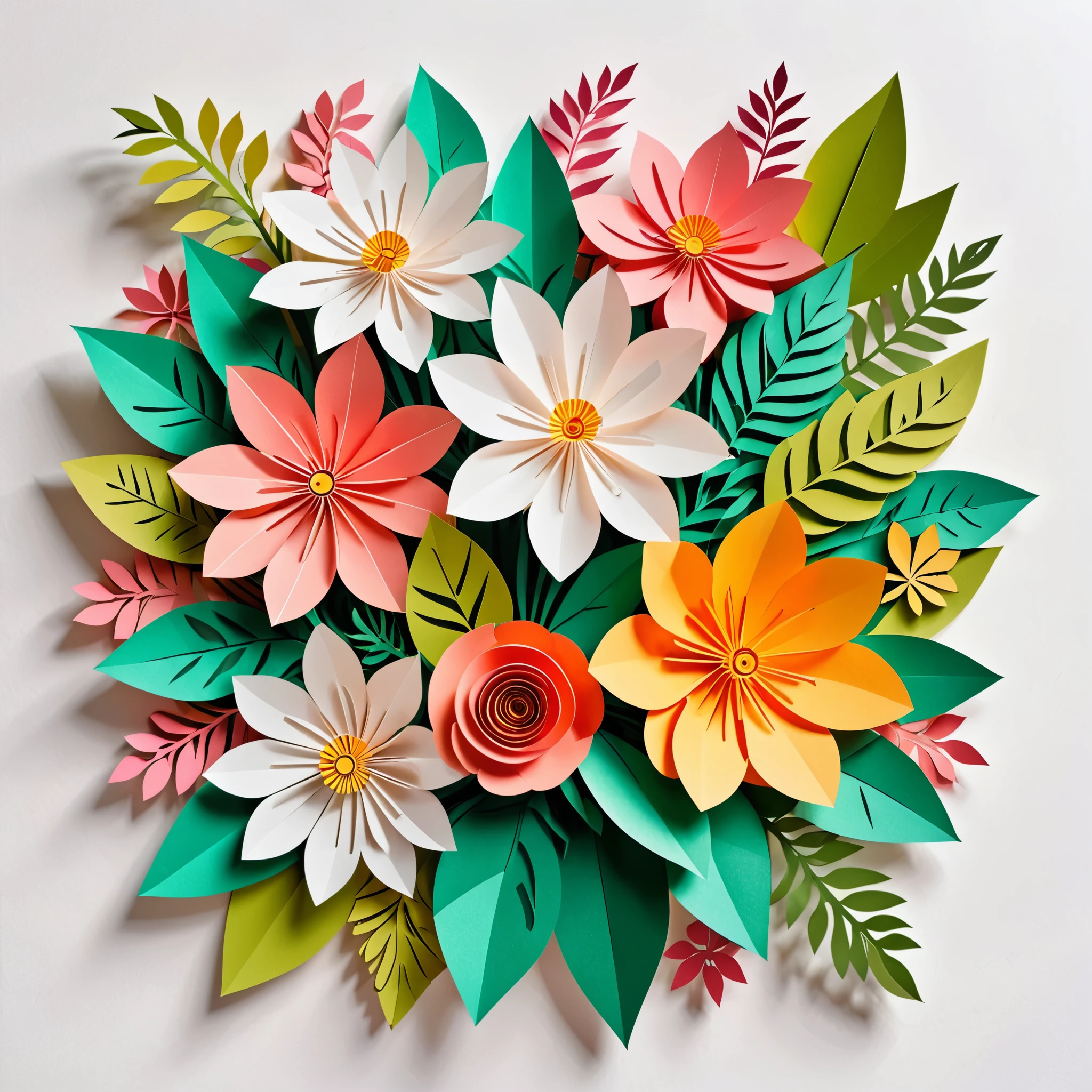Design illustration of beautiful flowers bouquet, on a white background, centered in the scene, flowers with vegetation,frontal view, layeres paper design, kirigami style, detailed folds, vivid color palette, natural light, masterful craft, intrincated,4k, sharp focus, perfect paperfold, white background 