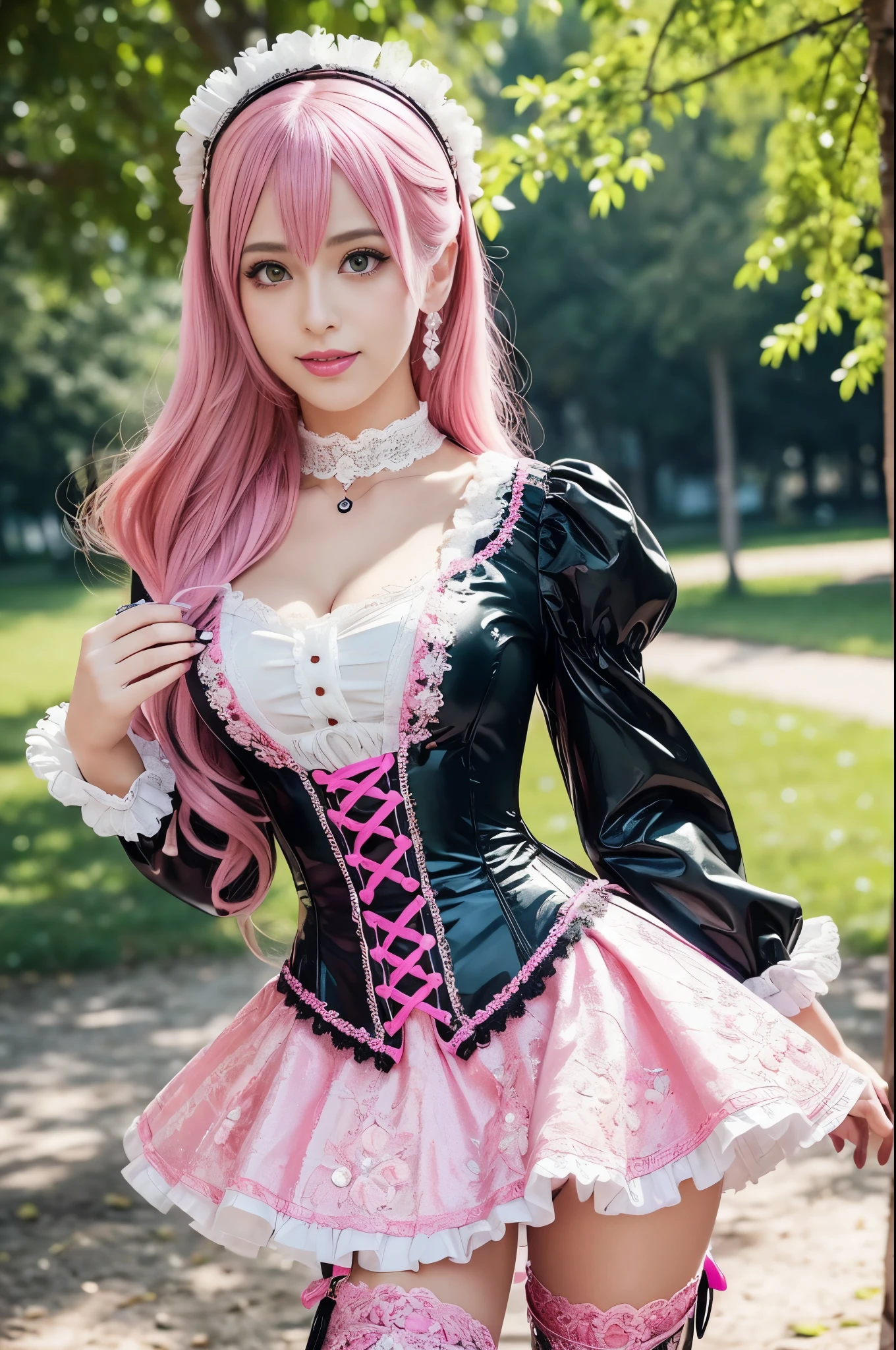 sexy stylish Swedish model, only 1 female, ((doll-like appearance)), long neon pink stylish hair, ((shiny Victorian-Style boots)), beautiful smile, ultra detailed eyes, vivid eye makeup, lipgloss, long lashes, defined eyebrows, ((sexy Paradise Kiss cosplay)), bell-shaped skirt, petticoats, high neckline, puffed sleeves, (( ultra detailed lace)), ((ultra detailed embroidery)), intricate details, Paradise Kiss accessoires and matching headpiece, choker, ((large sparkling Paradise Kiss jewelry)), cinematic light, detailed large park background with trees 
