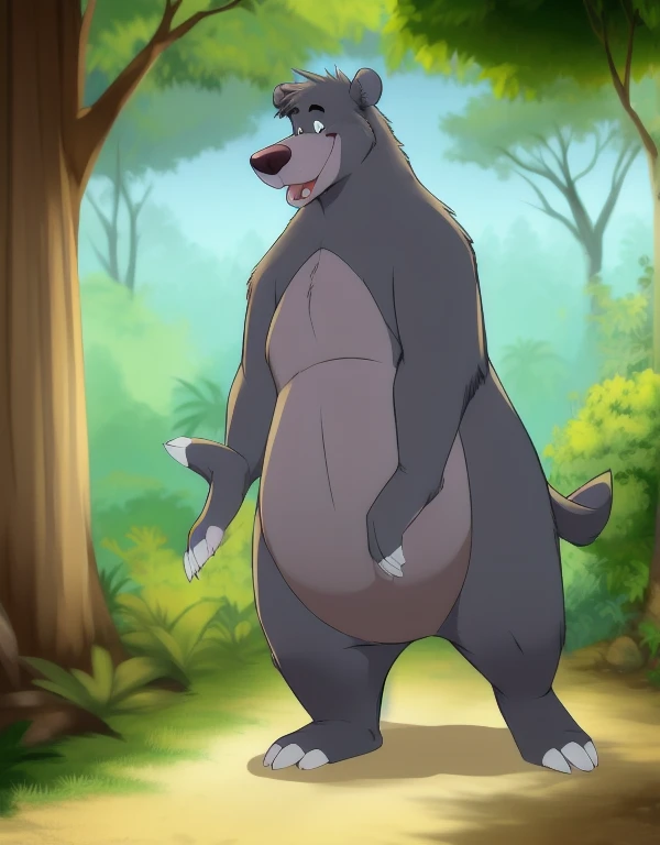 (((detailed eyes, detailed face))), (feral, baloo bear, no human), male, (solo), (plump), (nude, topless), standing, arms behind back, smile, tongue out, big cock, porn, walking on all four paws, (by bna_v5, by inkudoragoon, by kicktyan), forest, light environment, soft shading, 8k, UHD, masterpiece