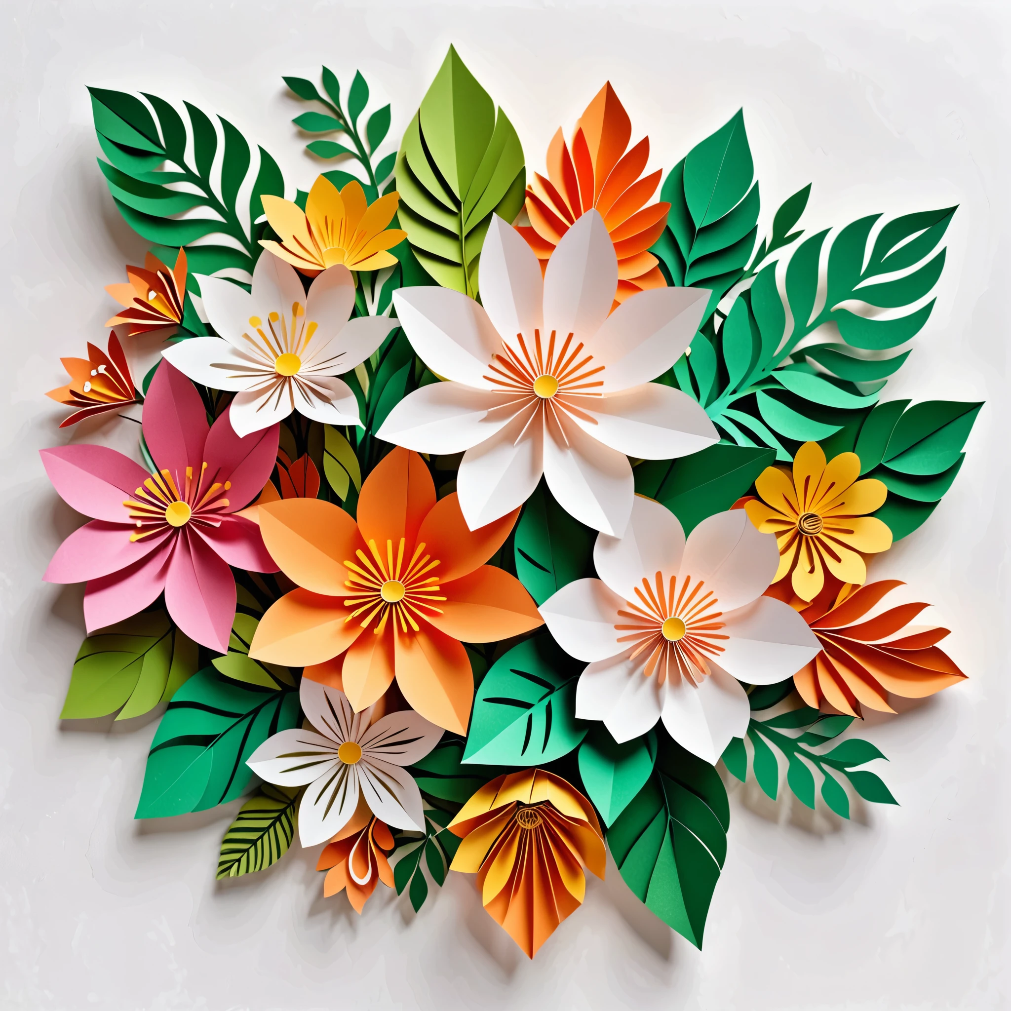 Design illustration of beautiful flowers bouquet, on a white background, centered in the scene, flowers with vegetation,frontal view, layeres paper design, kirigami style, detailed folds, vivid color palette, natural light, masterful craft, intrincated,4k, sharp focus, perfect paperfold, white background