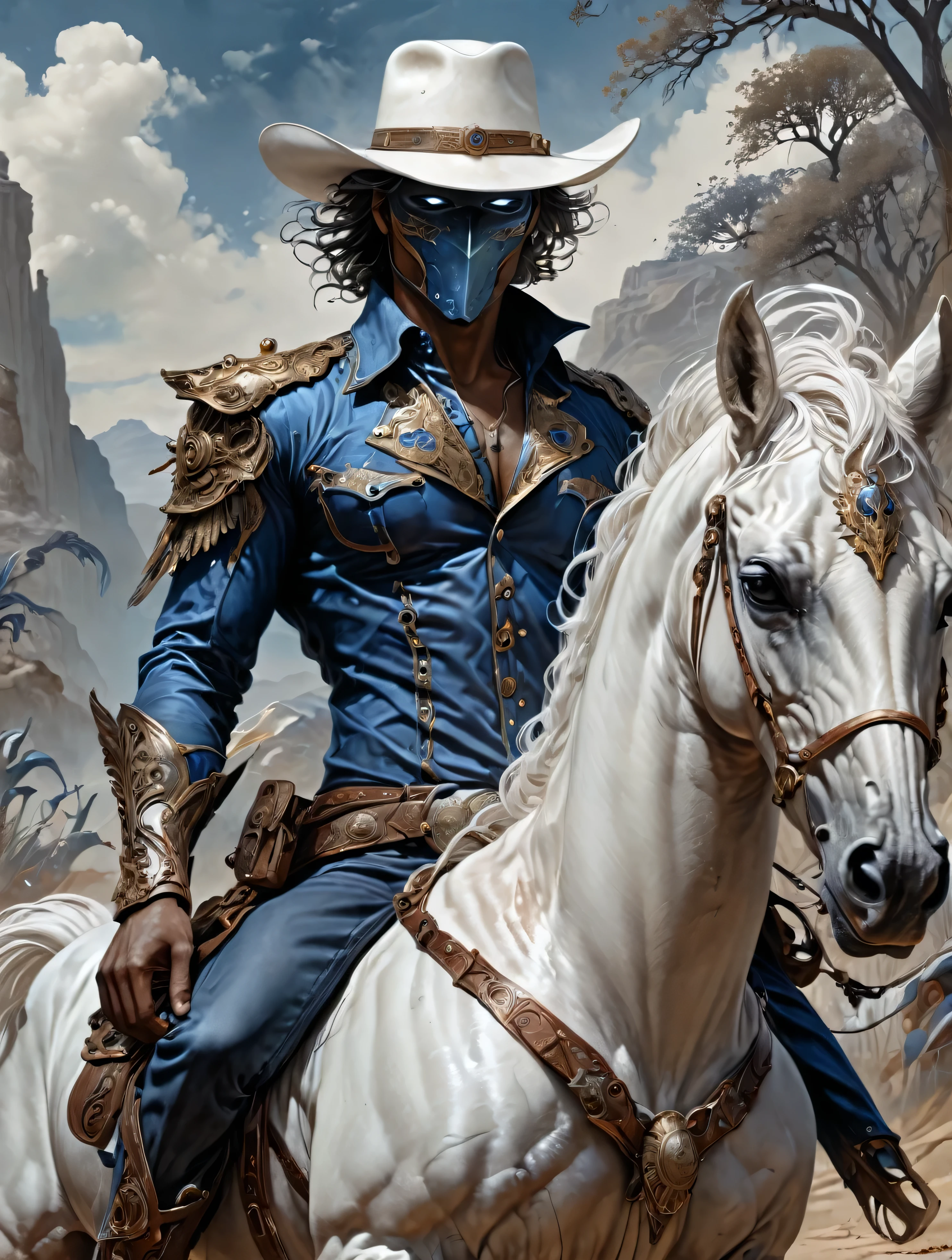 a Cowboy stuck in the Wild West, with black hero mask, blue shirt, blue pants, white cowboy hat, White horse, masterpiece,kbak style,epic,8k,cinematic,trending on artstation and deviantart,ultra detailed