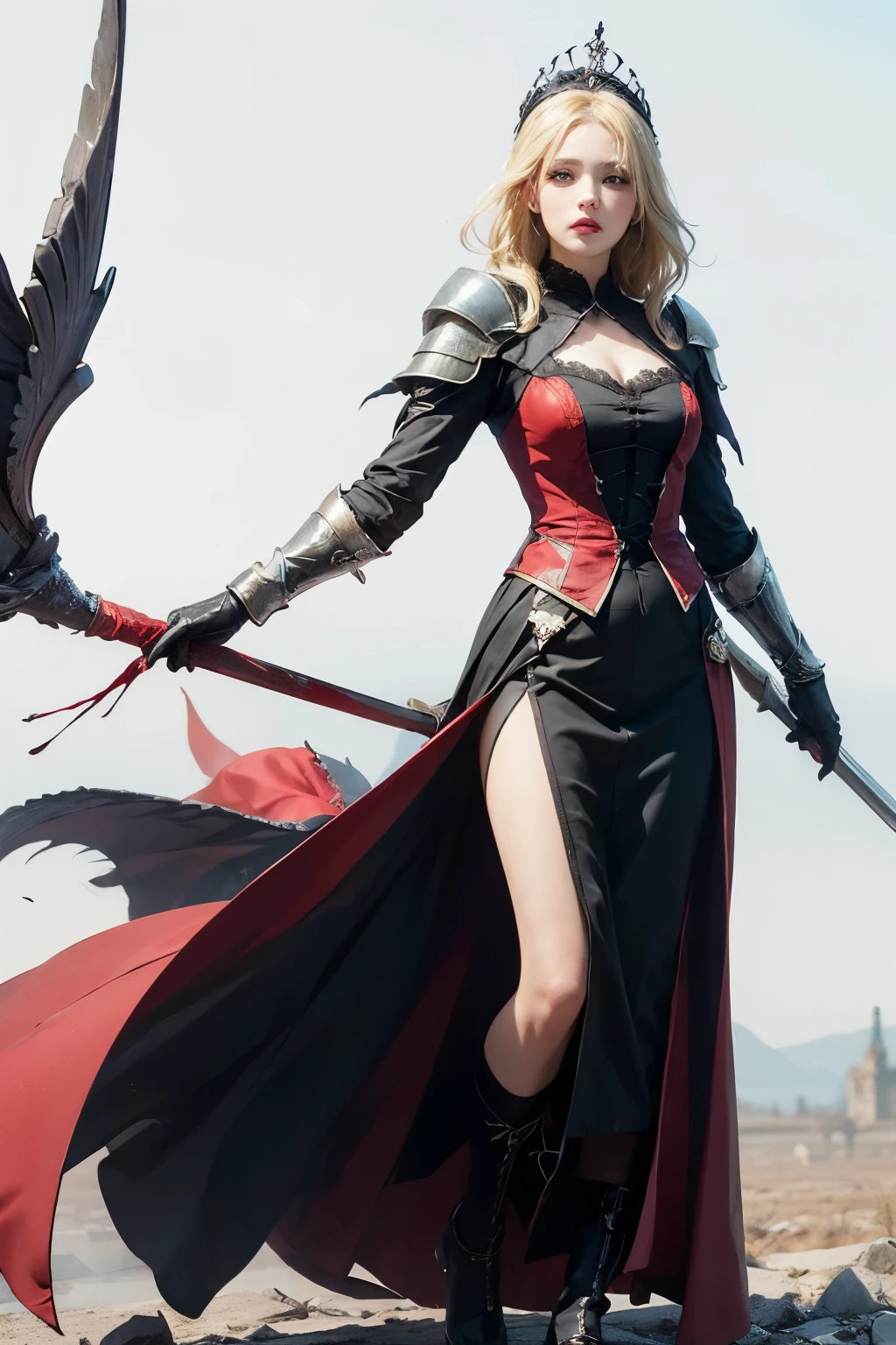 mpts
Copy
A female knight,Yellow hair,diadems, Wide-angle, Bokeh, Wide-angle, 1080p, High details, High quality, High Quality anime art style, Masterpiece, white background, plain background, bloodborne inspired, bloodborne aesthetic, plain white background, ornate gothic attire, gothic, occult aesthestic, occult, whole body, full body, body, ornate mourning wear, templar knight inspired, red and white clothing,