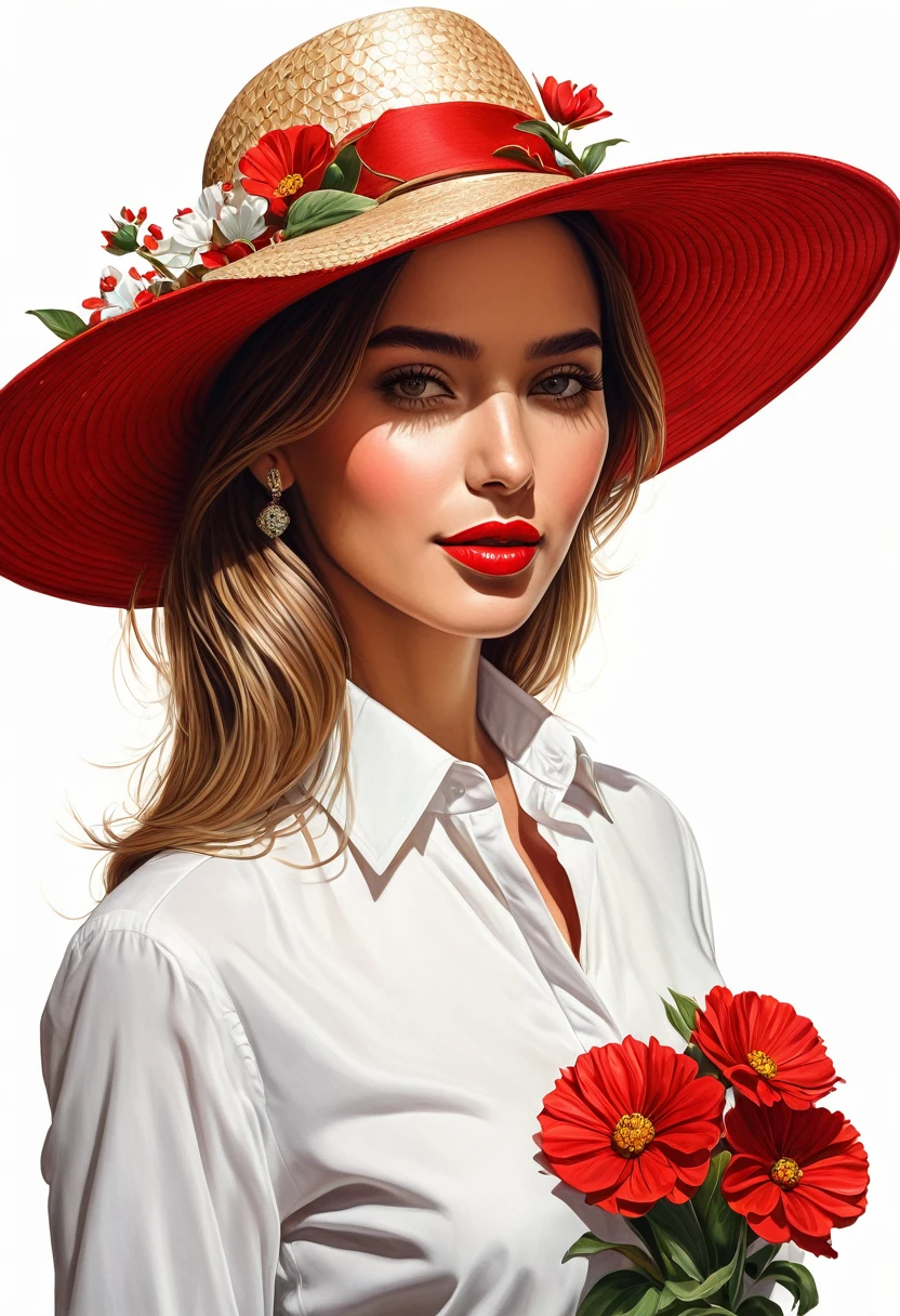 crea una mujer con sombrero elegante rojo ,con camisa de flores, obra maestra, estilo ilustracion de Ali Erturk, alto detalle, hiperrealista, luz natural,ilustracion , colores llamativos
