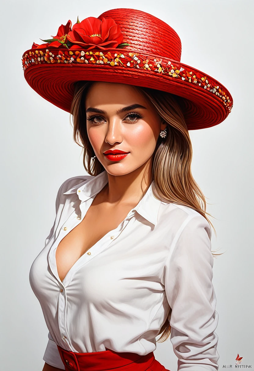crea una mujer con sombrero elegante rojo ,con camisa de flores, obra maestra, estilo ilustracion de Ali Erturk, alto detalle, hiperrealista, luz natural,ilustracion , colores llamativos