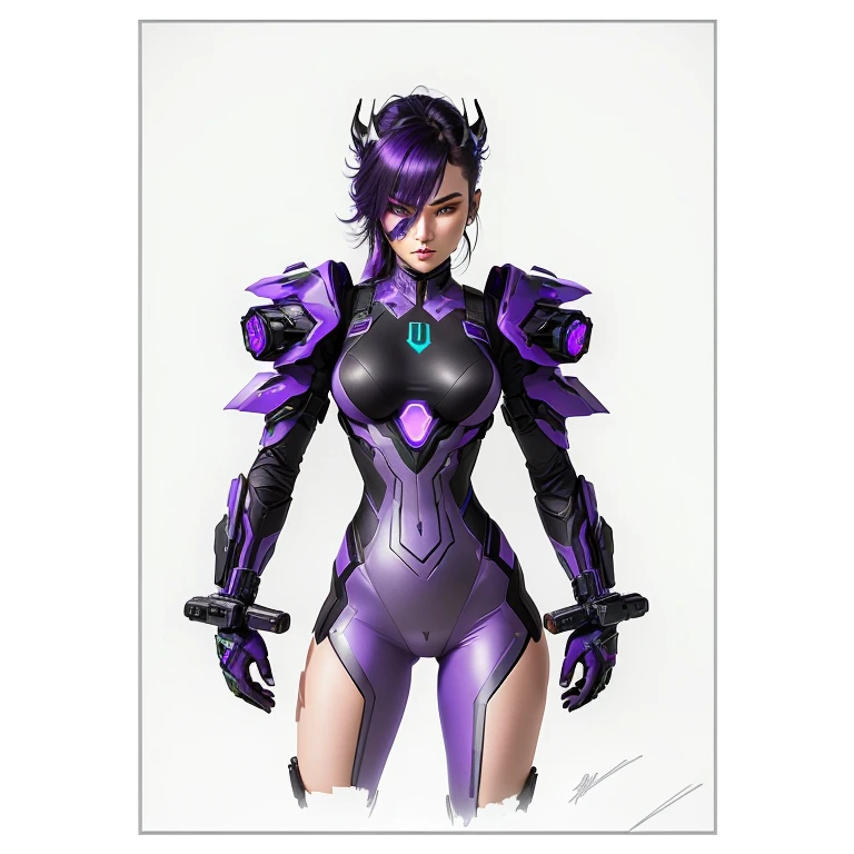 tight and streamlined costume, with predominant colors of black and purple, Technological armor is incorporated into the costume, displaying futuristic details and smooth lines. The armor features purple luminous panels that emit a subtle glow, highlighting its technological nature.
• Electric Gloves: Electric gloves are sleek and futuristic, with purple accents and twinkling blue lights. They are designed to fit perfectly into woman's hands, 
• Missile Launcher Backpack: The backpack is incorporated into the outfit on the Woman's back, with an elegant and aerodynamic design. 
• Hair and Mask: His hair is long and dark, with a purple streak that falls over his face, giving a touch of color to his predominantly black look. She wears a purple mask that covers half of her face, accentuating her mysterious and intimidating expression.
• Visual Effects: During the fight, the Woman is surrounded by an aura of dark psychic energy, similar to that of the Shadow Lady, highlighting her connection to Bison's Psychological Power and its advanced technological nature.
Street figure style, cyberpunk style anime