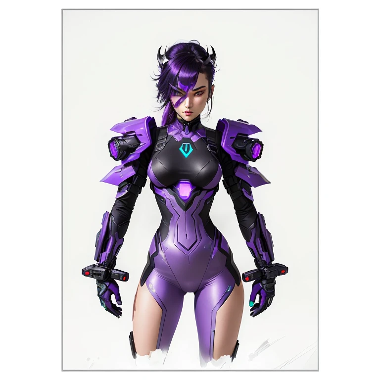 tight and streamlined costume, with predominant colors of black and purple, Technological armor is incorporated into the costume, displaying futuristic details and smooth lines. The armor features purple luminous panels that emit a subtle glow, highlighting its technological nature.
• Electric Gloves: Electric gloves are sleek and futuristic, with purple accents and twinkling blue lights. They are designed to fit perfectly into woman's hands,
• Missile Launcher Backpack: The backpack is incorporated into the outfit on the Woman's back, with an elegant and aerodynamic design.
• Hair and Mask: His hair is long and dark, with a purple streak that falls over his face, giving a touch of color to his predominantly black look. She wears a purple mask that covers half of her face, accentuating her mysterious and intimidating expression.
• Visual Effects: During the fight, the Woman is surrounded by an aura of dark psychic energy, similar to that of the Shadow Lady, highlighting her connection to Bison's Psychological Power and its advanced technological nature.
Street figure style, cyberpunk style anime