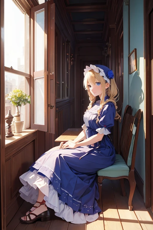 masterpiece, highest quality, High resolution, 37-year-old woman、blue eyes、
blonde, Braiding、Crimson frill dress、Long skirt、Western-style building、Sit by the window
