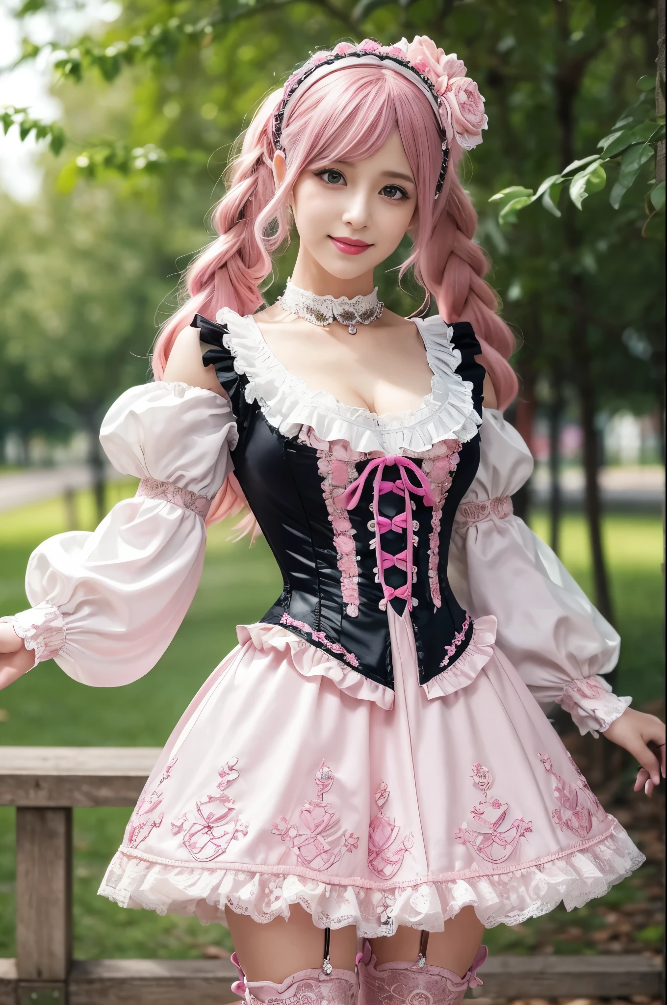 sexy stylish female model, only 1 female, ((doll-like appearance)), long neon pink stylish hair, ((ultra detailed Victorian-Style boots)), beautiful smile, ultra detailed eyes, vivid eye makeup, lipgloss, long lashes, defined eyebrows, ((sexy Paradise Kiss cosplay)), bell-shaped skirt, petticoats, high neckline, puffed sleeves, (( ultra detailed lace)), ((ultra detailed embroidery)), intricate details, Paradise Kiss accessoires and matching headpiece, choker, ((large sparkling Paradise Kiss jewelry)), cinematic light, detailed large park background with trees 