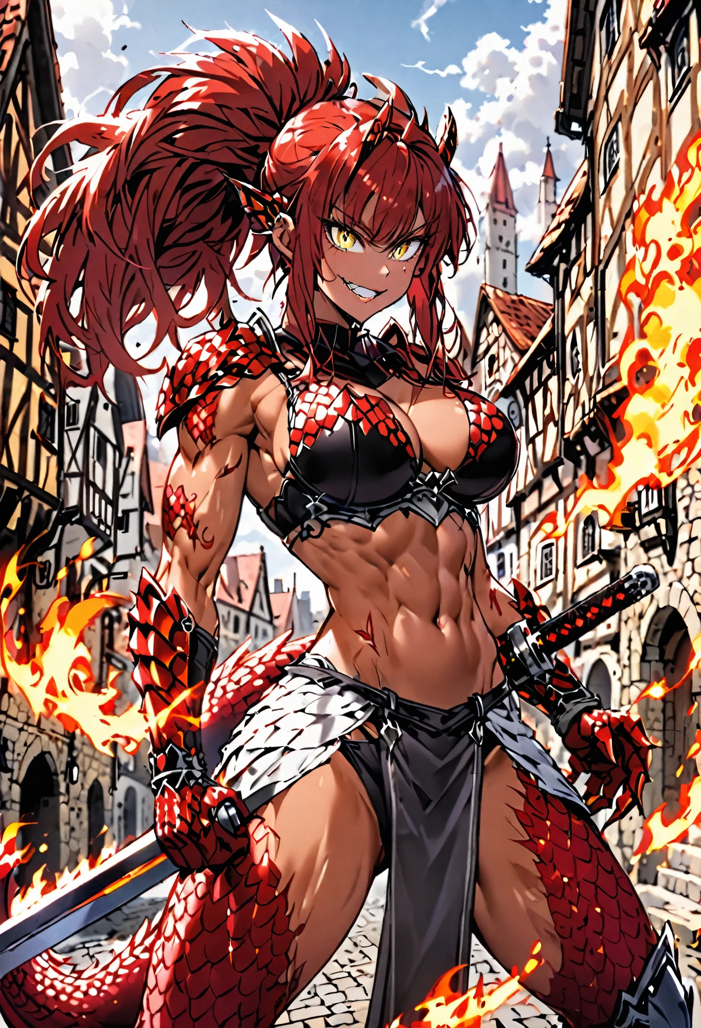 solo, female, sfw, medium shot, very tall, fit, abs, muscular, thin waist, tan, long auburn hair, scars, ponytail, big hair, wild hair, yellow eyes, slit pupils, red dragon tail, red head fins, red scales on arms, scale hands:1.3, dragon claw hands, day, wild smile, bastard sword, scale armor, bikini armor, huge sword, very large breasts, medieval town, wild fight stance, abs, fire tail