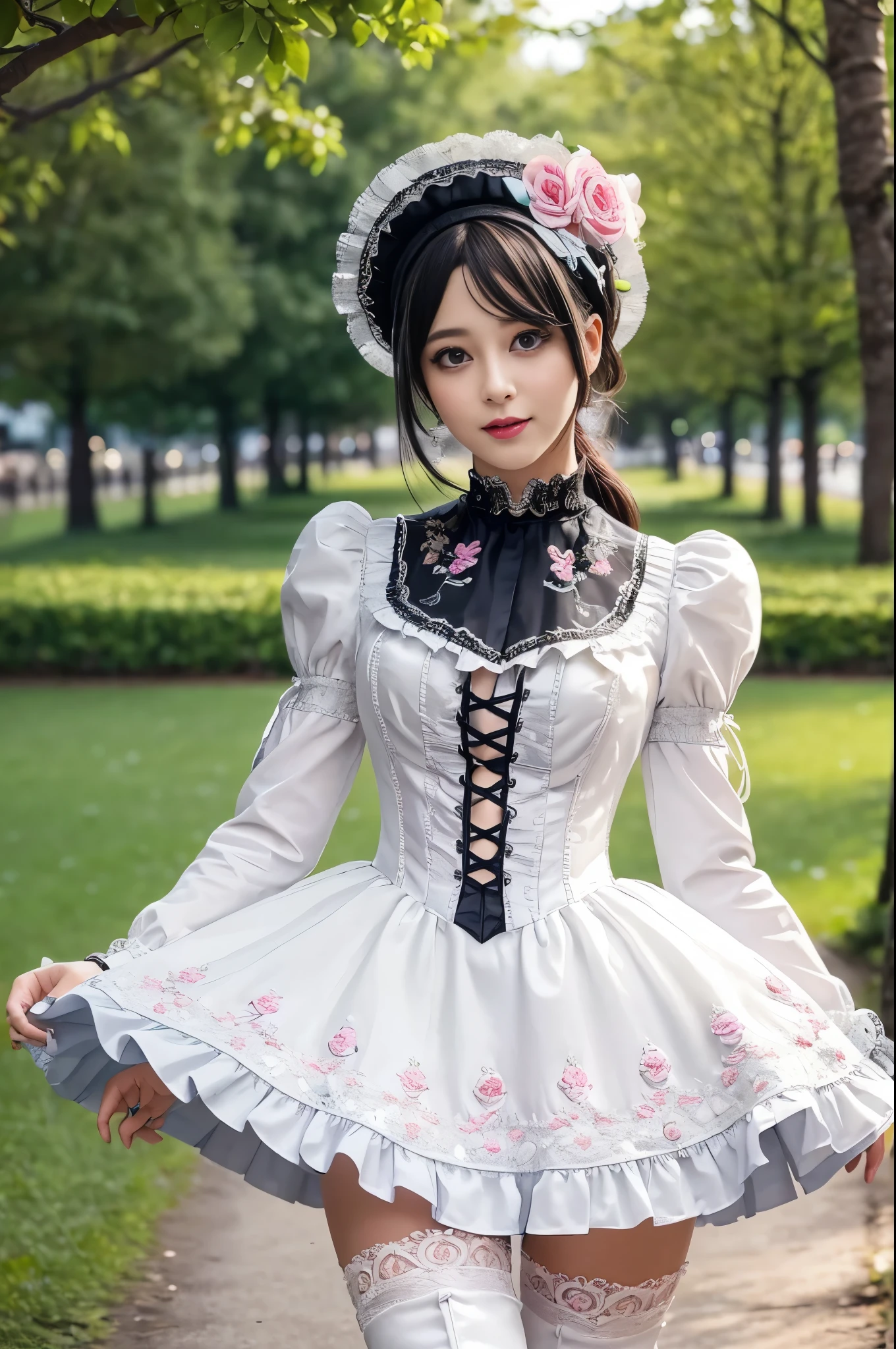 sexy stylish Swedish model, only 1 female, ((doll-like appearance)), ((shiny Victorian-Style boots)), beautiful smile, ultra detailed eyes, vivid eye makeup, lipgloss, long lashes, defined eyebrows, ((sexy Paradise Kiss cosplay)), bell-shaped skirt, petticoats, high neckline, puffed sleeves, (( ultra detailed lace)), ((ultra detailed embroidery)), intricate details, Paradise Kiss accessoires and matching headpiece, choker, ((large sparkling Paradise Kiss jewelry)), cinematic light, detailed large park background with trees