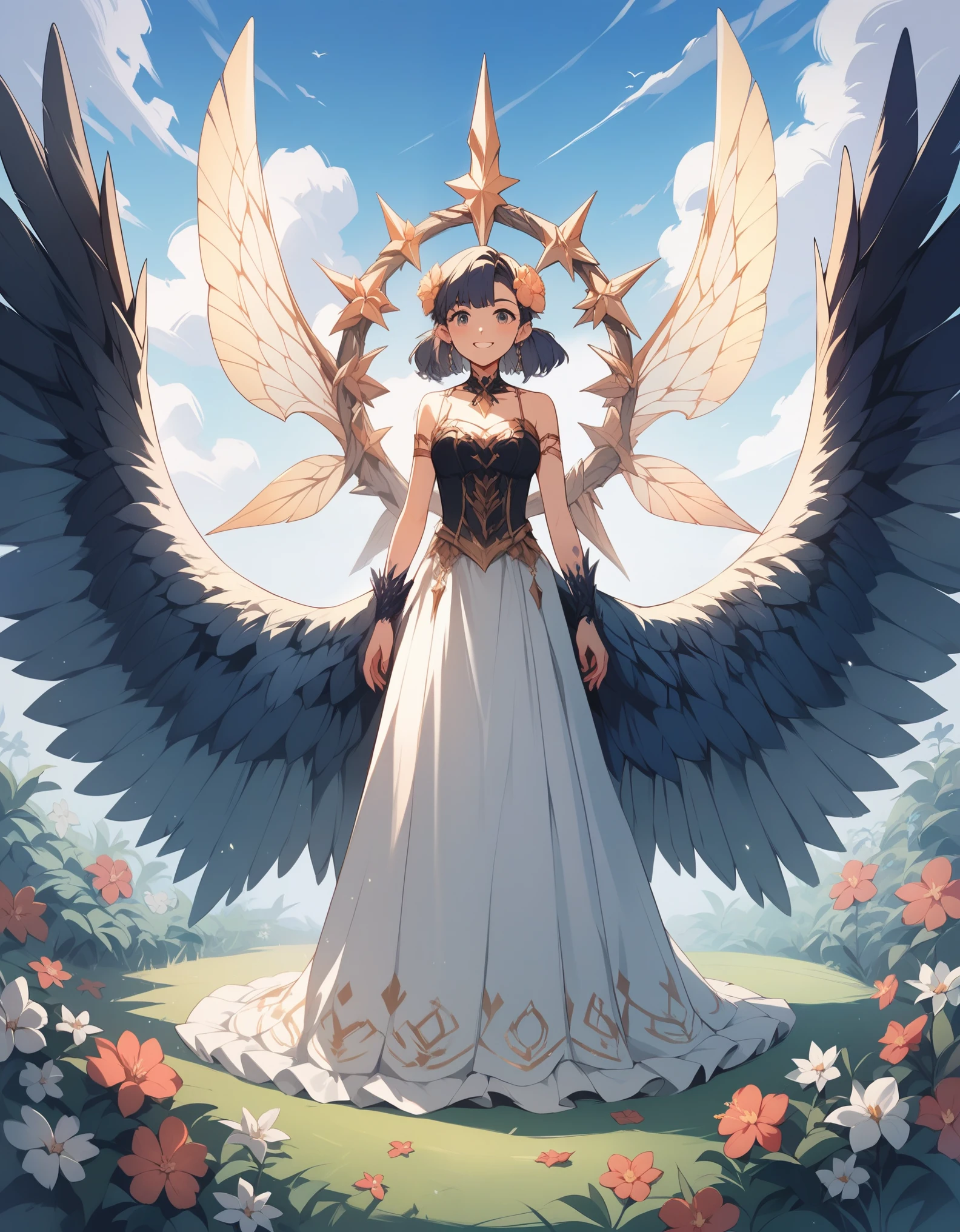 score_9, score_8_up, score_7_up, score_6_up, rating_safe, masterpiece, best quality, ultra detailed, anime style, within a mystical forest, a monster girl with wings made of iridescent beetle shells hovers above a clearing. Her powers over nature create a surreal scene as flowers bloom and vines twist at her command