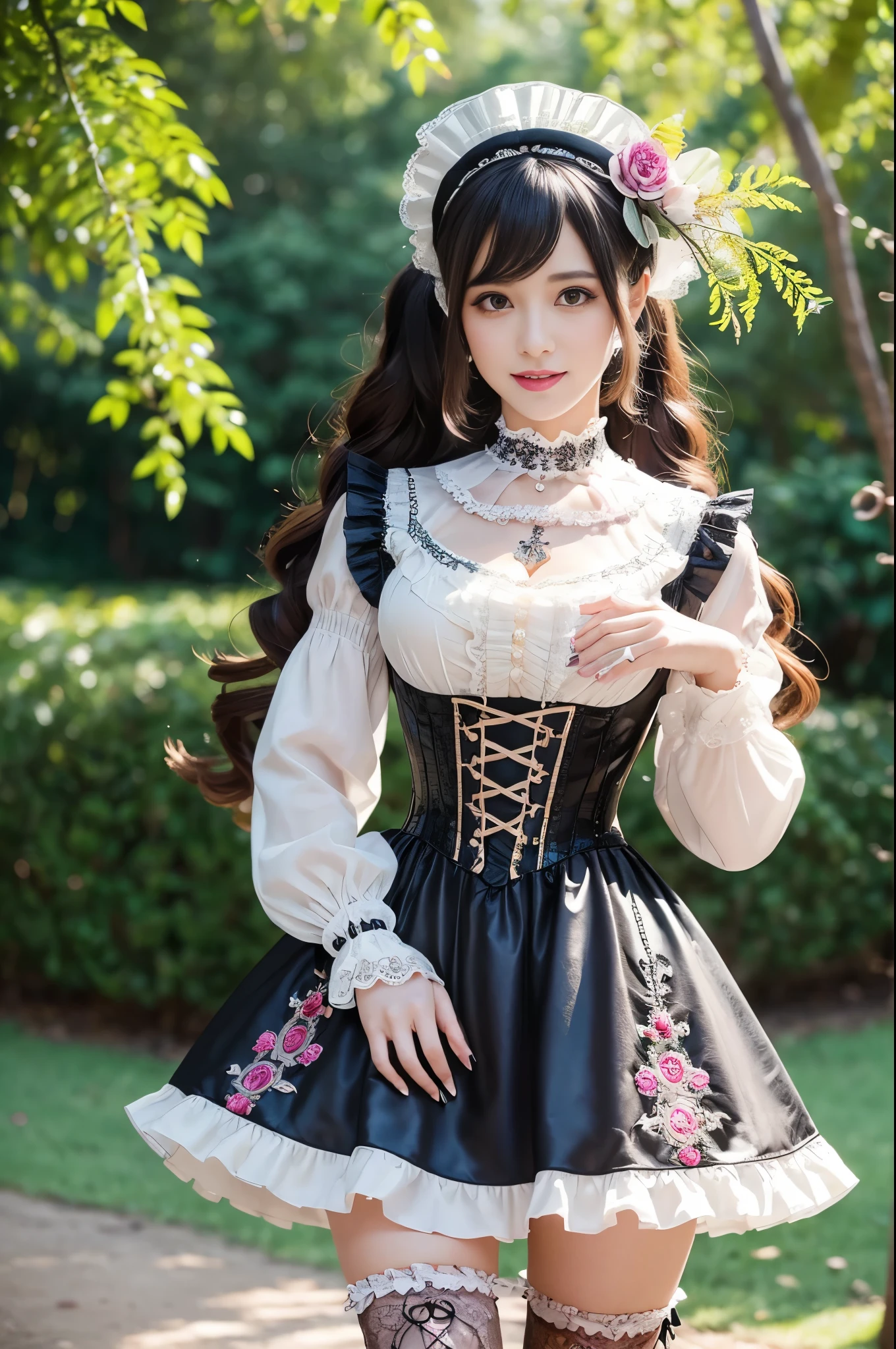 sexy stylish female model, only 1 female, ((doll-like appearance)), ((ultra detailed Victorian-Style boots)), beautiful smile, ultra detailed eyes, vivid eye makeup, lipgloss, long lashes, defined eyebrows, ((sexy Paradise Kiss cosplay)), bell-shaped skirt, petticoats, high neckline, puffed sleeves, (( ultra detailed lace)), ((ultra detailed embroidery)), intricate details, Paradise Kiss accessoires and matching headpiece, choker, ((large sparkling Paradise Kiss jewelry)), cinematic light, detailed large park background with trees