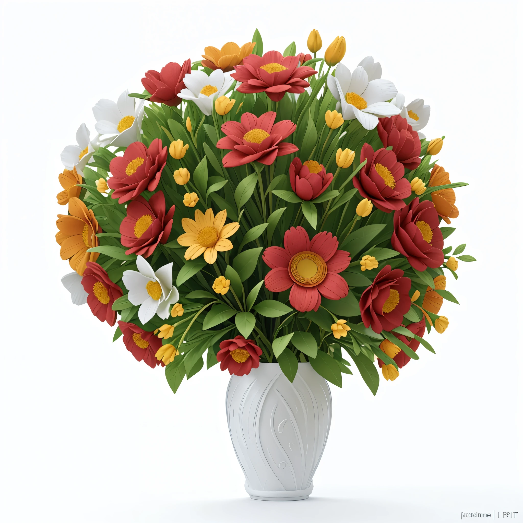 Design illustration of beautiful flowers bouquet, on a white background, centered in the scene, flowers with vegetation,frontal view, layeres paper design, kirigami style, detailed folds, vivid color palette, natural light, masterful craft, intrincated,4k, sharp focus, perfect paperfold, white background
