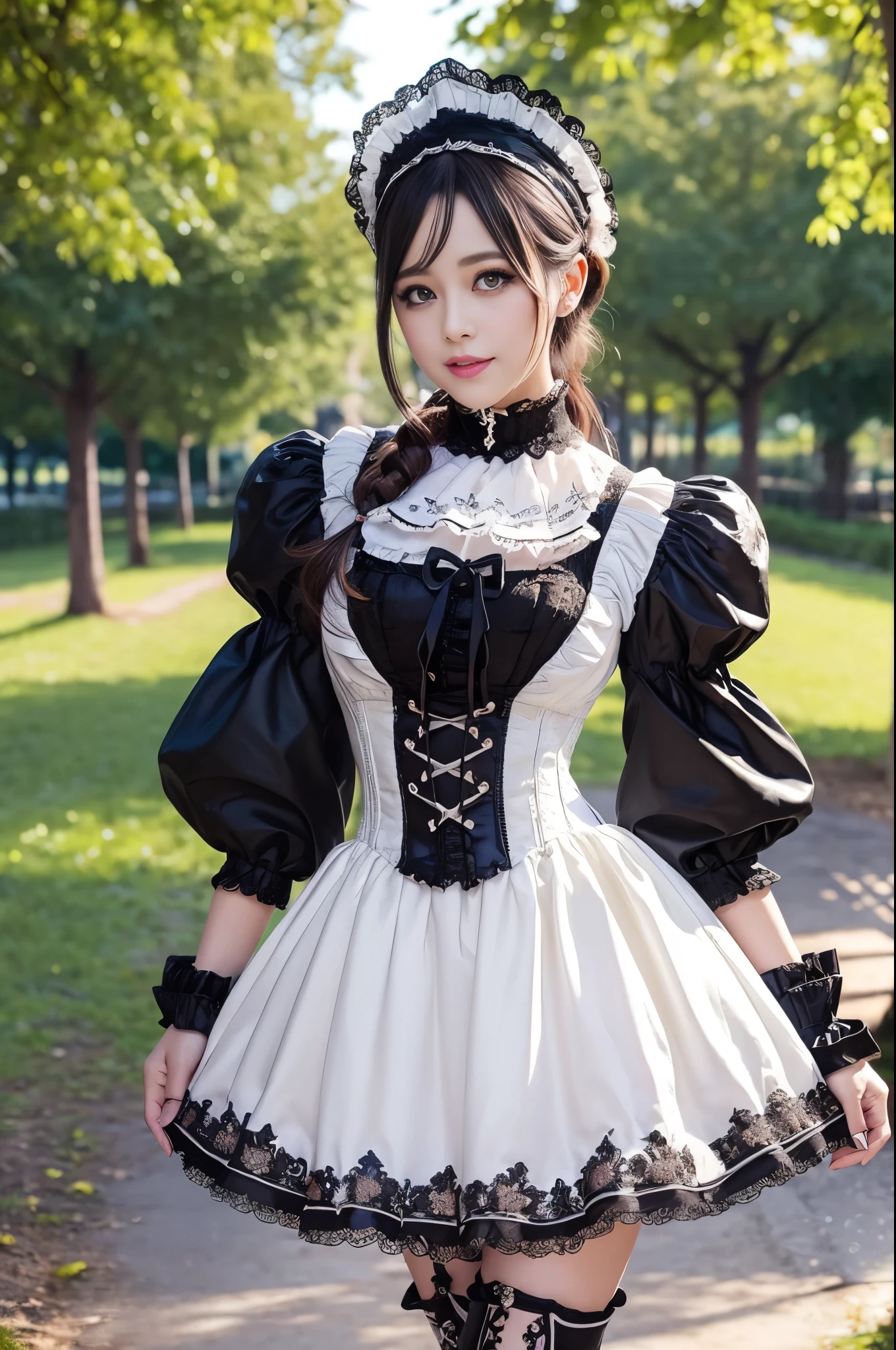 sexy stylish Swedish model, only 1 female, ((doll-like appearance)), ((ultra detailed Victorian-Style boots)), beautiful smile, ultra detailed eyes, vivid eye makeup, lipgloss, long lashes, defined eyebrows, ((sexy Paradise Kiss cosplay)), bell-shaped skirt, petticoats, high neckline, puffed sleeves, (( ultra detailed lace)), ((ultra detailed embroidery)), intricate details, Paradise Kiss accessoires and matching headpiece, choker, ((large sparkling Paradise Kiss jewelry)), cinematic light, detailed large park background with trees