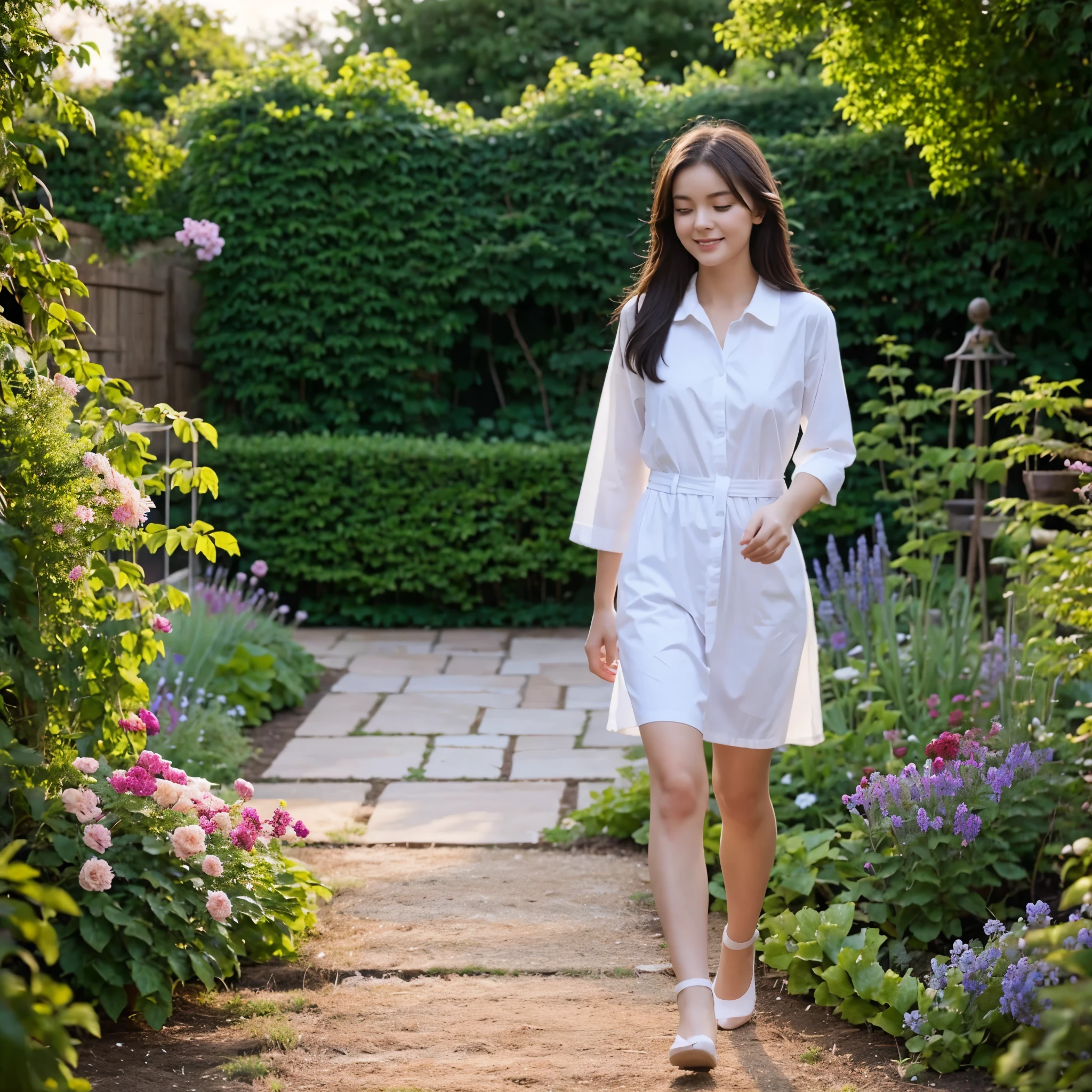 A girl walking on the garden 