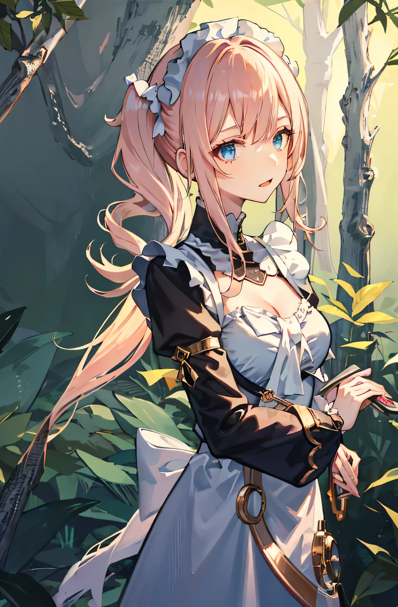 1 girl，rose，Upper body，pink long hair,high twin tail,((White Maid Costume)),blue eyes,Blunt bang,((forest background)),