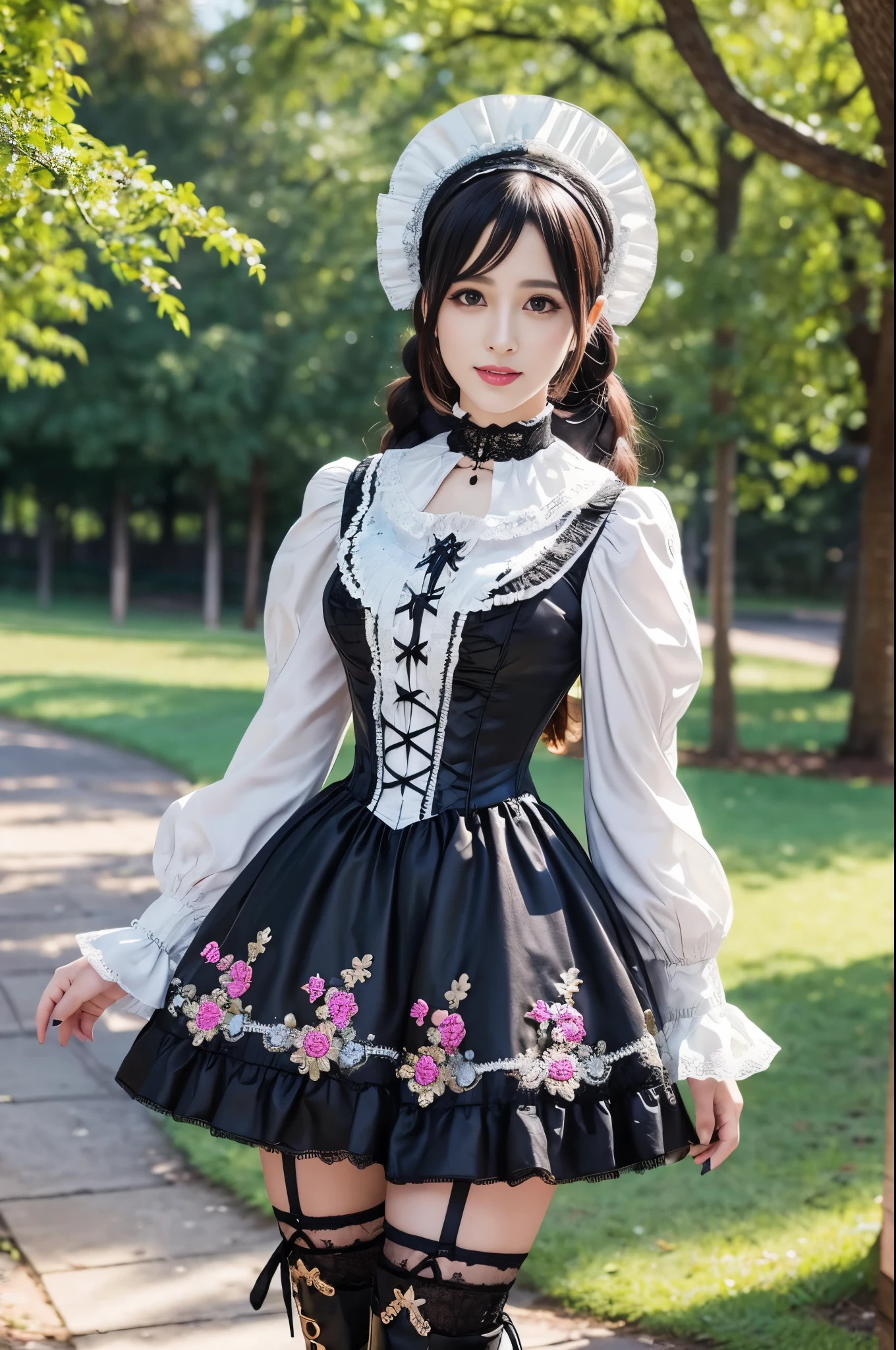 sexy stylish Swedish model, only 1 female, ((doll-like appearance)), ((ultra detailed Victorian-Style boots)), beautiful smile, ultra detailed eyes, vivid eye makeup, lipgloss, long lashes, defined eyebrows, ((sexy Paradise Kiss cosplay)), bell-shaped skirt, petticoats, high neckline, puffed sleeves, (( ultra detailed lace)), ((ultra detailed embroidery)), intricate details, Paradise Kiss accessoires and matching headpiece, choker, ((large sparkling Paradise Kiss jewelry)), cinematic light, detailed large park background with trees