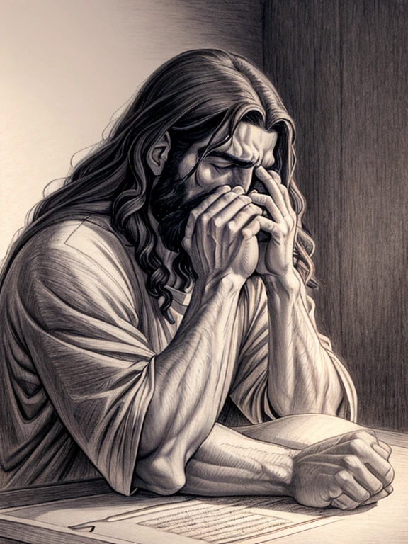 8K, a drawing of Jesus Christ with his hands folded on his face, kneeling in prayer, traditional drawing style, Jesus Christ, pencil drawing, deep in thought, emotional image, artistic drawing, the lord and savior, he is alone, art Christian, Pencil painting, Praying, realism drawing, by Dechko Uzunov, my interpretation