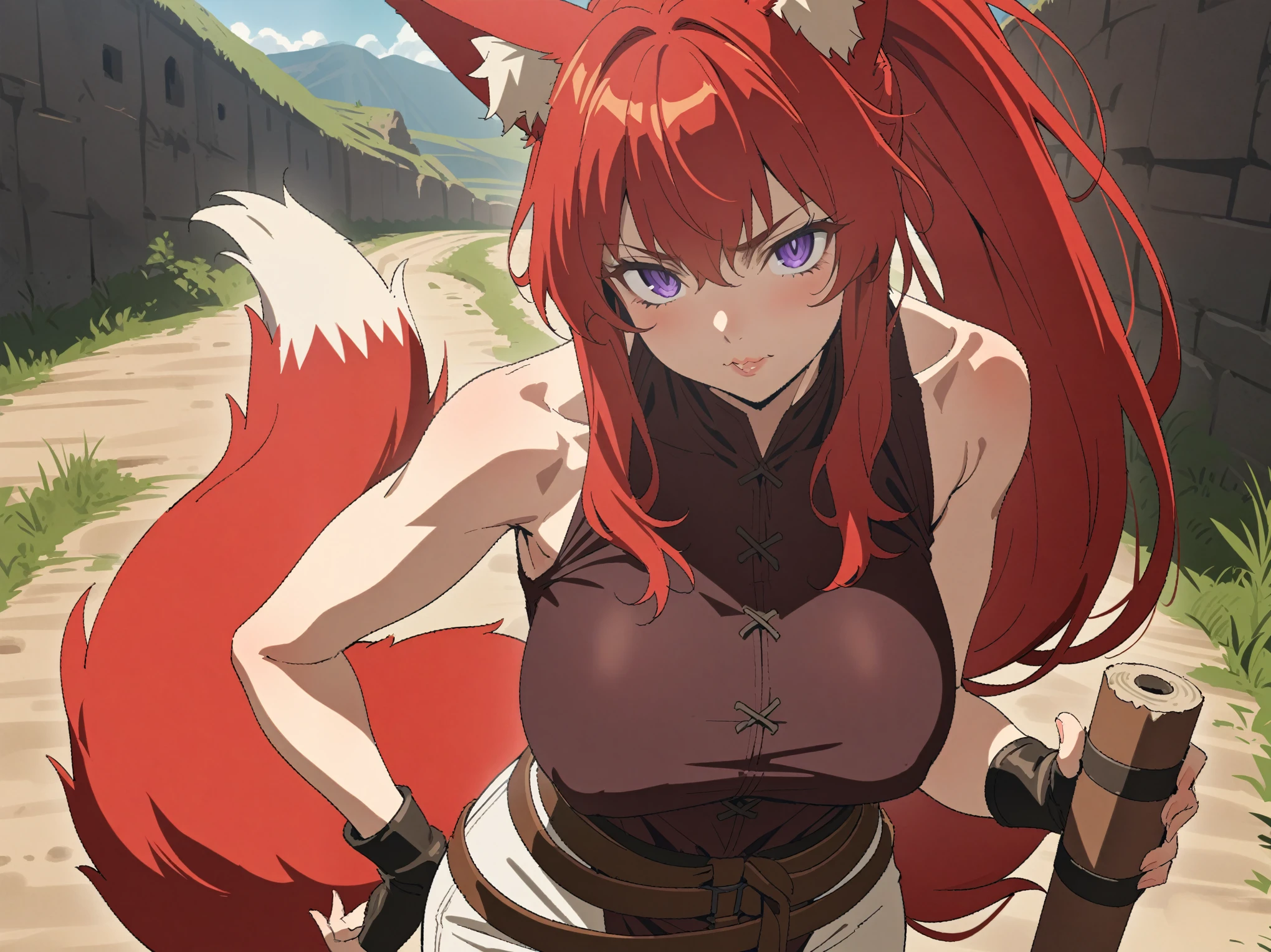 (Masterpiece, best quality, highres) {{Artist: Sincos}} 1 woman, solo, old, fair skin, strong, sharp eyes, red fox ears, red tail, purple eyes, lips, red hair, long hair, ponytail, big breasts, simple black tunic, sleeveless tunic, white pants, leather boots, adventurer, looking at camera, blushing, hand to chest, looking at camera, standing upright, in forest, sunny, medieval fantasy.