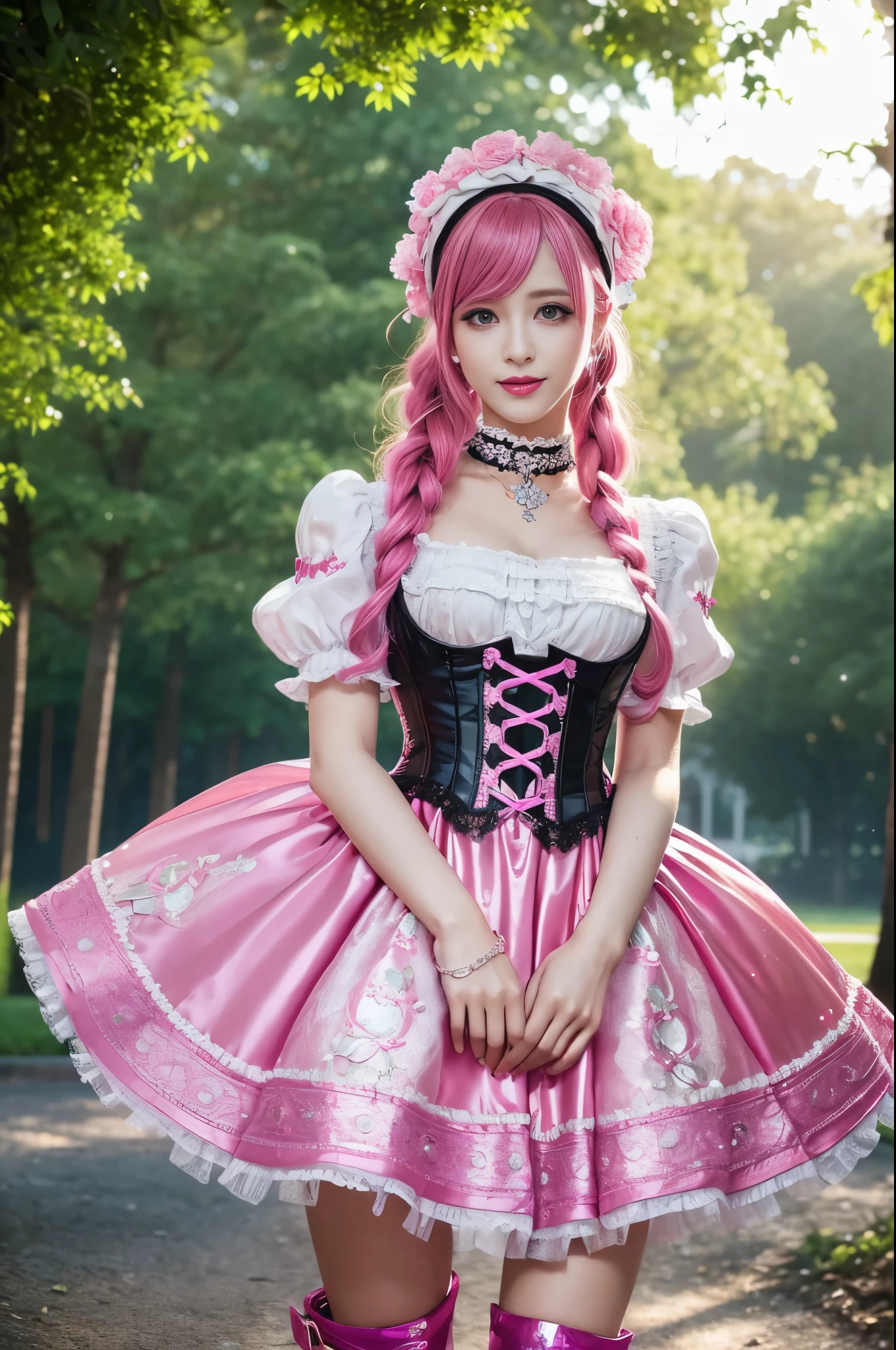 sexy stylish Swedish model, only 1 female, ((doll-like appearance)), long neon pink stylish hair, ((shiny Victorian-Style boots)), beautiful smile, ultra detailed eyes, vivid eye makeup, lipgloss, long lashes, defined eyebrows, ((sexy Paradise Kiss cosplay)), bell-shaped skirt, petticoats, high neckline, puffed sleeves, (( ultra detailed lace)), ((ultra detailed embroidery)), intricate details, Paradise Kiss accessoires and matching headpiece, choker, ((large sparkling Paradise Kiss jewelry)), cinematic light, detailed large park background with trees