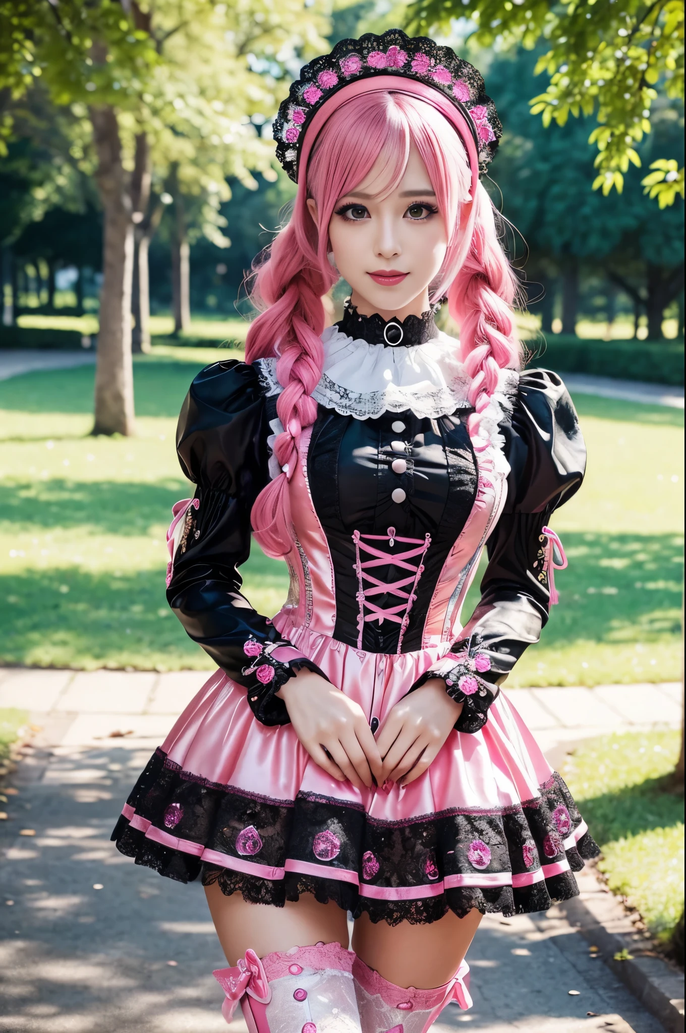 sexy stylish Swedish model, only 1 female, ((doll-like appearance)), long neon pink stylish hair, ((shiny Victorian-Style boots)), beautiful smile, ultra detailed eyes, vivid eye makeup, lipgloss, long lashes, defined eyebrows, ((sexy Paradise Kiss cosplay)), bell-shaped skirt, petticoats, high neckline, puffed sleeves, (( ultra detailed lace)), ((ultra detailed embroidery)), intricate details, Paradise Kiss accessoires and matching headpiece, choker, ((large sparkling Paradise Kiss jewelry)), cinematic light, detailed large park background with trees