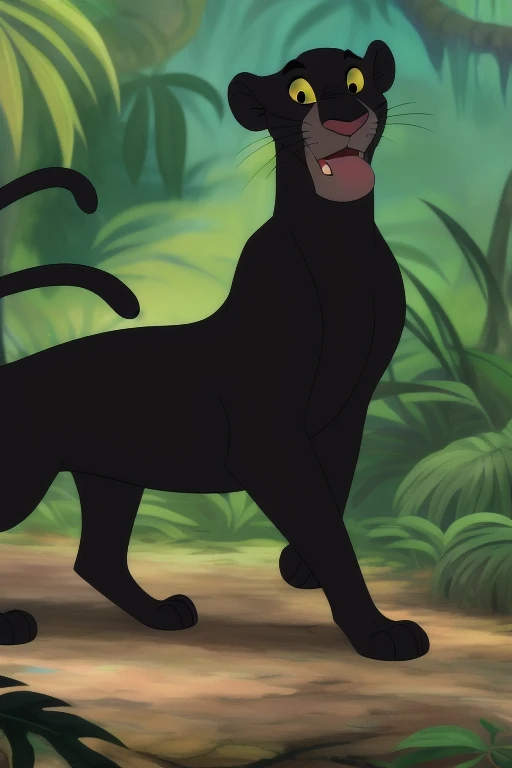 (solo:1.3),portrait,( detailed colorful:1.1), hi res, masterpiece, jungle background, bagheerav1, solo, cat, yellow sclera, outdoors, black cat, whiskers, full body, fangs, full body ,happy, looking at viewer, walking, big cock, tongue out