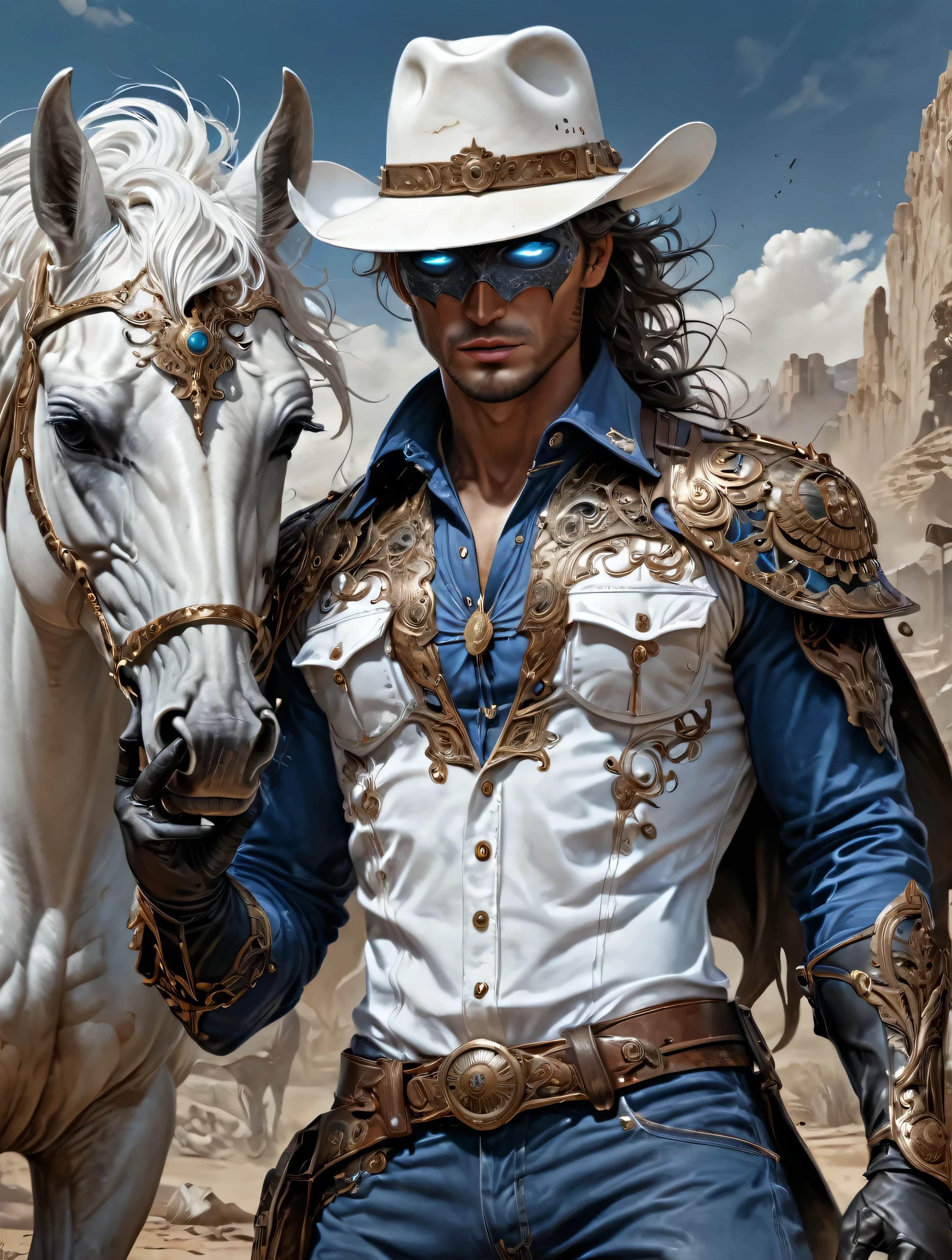 a caucasian Cowboy stuck in the Wild West, with hero mask over eyes, blue shirt, blue pants, white cowboy hat, black gloves, White horse, masterpiece, epic,8k,cinematic,trending on artstation and deviantart,ultra detailed