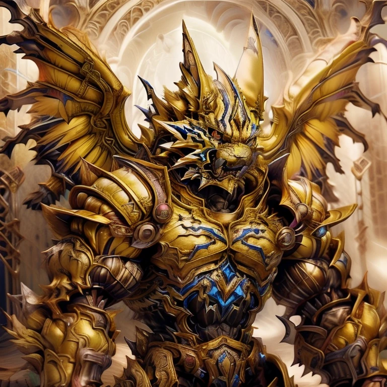 (Zeraora), (masterpiece, best quality, detailed:1.5), (nj5furry)
sparkling skin,
Vibrant colors, 4K,
GOLD armor,
Its full plate armor emphasizes the muscles.
big muscle (pecs, triceps, traps)
unusually developed muscular body,
body full of huge muscles.
showing off muscles,
pectorales enormes.
Exaggeratedly huge muscles.
Gigachad Muscular,
Very muscular, Large pecs,
Spread wings,
It has wings.
have big wings.
has 10 large wings.
It has large golden wings.
The feathers on its wings are detailed and realistic.