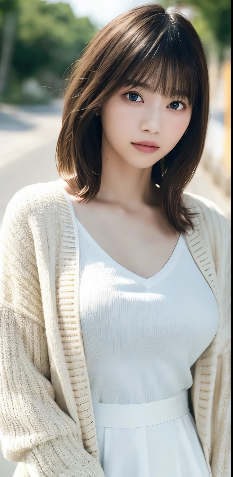 masterpiece, highest quality, 8k, 20th generation, Big Breasts, cute, alone, sad, cute, Girlish,cute 繊細な女の子, cute、Pure beauty, RAW Photos, Professional photography, Portraiture, Soft Light, Professional Lighting, Backlight, avert your eyes, Sophisticated, Film Grain, (Eye and facial details:1.0), Round face、Floating Hair, beautiful, Flowing hair, Asymmetrical bangs、(Big Breasts:1.0)、White cut and sew、pastel cardigan、Micro Mini Skirt、Voluptuous thighs、dolly make、Heterochromia iridis、Midsummer sky、Cumulonimbuidsummer Beach