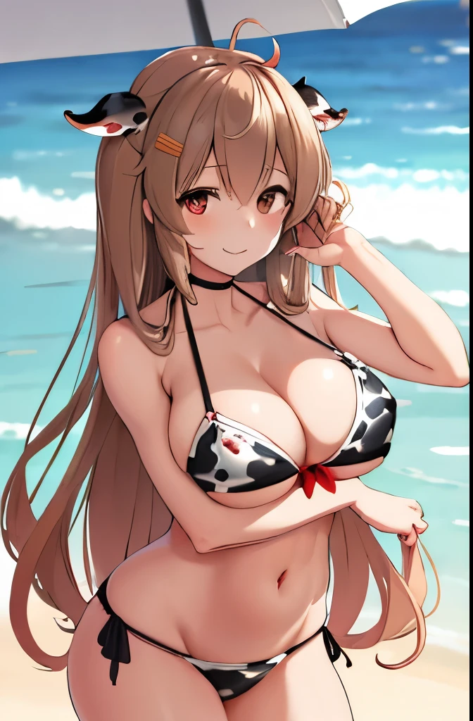 (arm under breasts), (masterpiece), 1girl, bbmurasa, long hair, two side up, hair flaps, hairclip, heterochromia, red eyes, brown eyes, cleavage, bikini, (cow print bikini), Dynamic Angle, highly detailed, best quality, looking at viewer, large breasts, outdoor, gentle smile, wet clothes, seaside, beach, close-up, standing, cowboy shot 