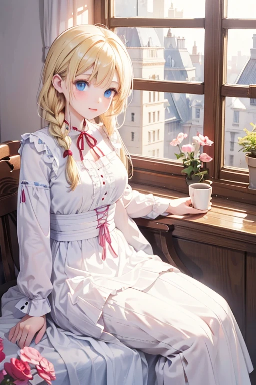 masterpiece, highest quality, High resolution, 37-year-old woman、blue eyes、
blonde, Braiding、Crimson frill dress、Long skirt、Western-style building、Sit by the window
