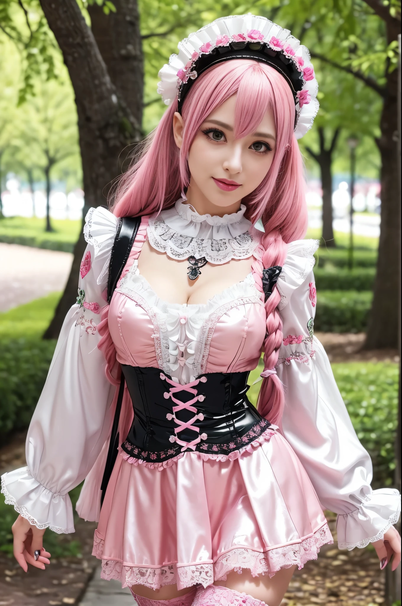 sexy stylish Swedish model, only 1 female, ((doll-like appearance)), long neon pink stylish hair, ((shiny Victorian-Style boots)), beautiful smile, ultra detailed eyes, vivid eye makeup, lipgloss, long lashes, defined eyebrows, ((sexy Paradise Kiss cosplay)), bell-shaped skirt, petticoats, high neckline, puffed sleeves, (( ultra detailed lace)), ((ultra detailed embroidery)), intricate details, Paradise Kiss accessoires and matching headpiece, choker, ((large sparkling Paradise Kiss jewelry)), cinematic light, detailed large park background with trees