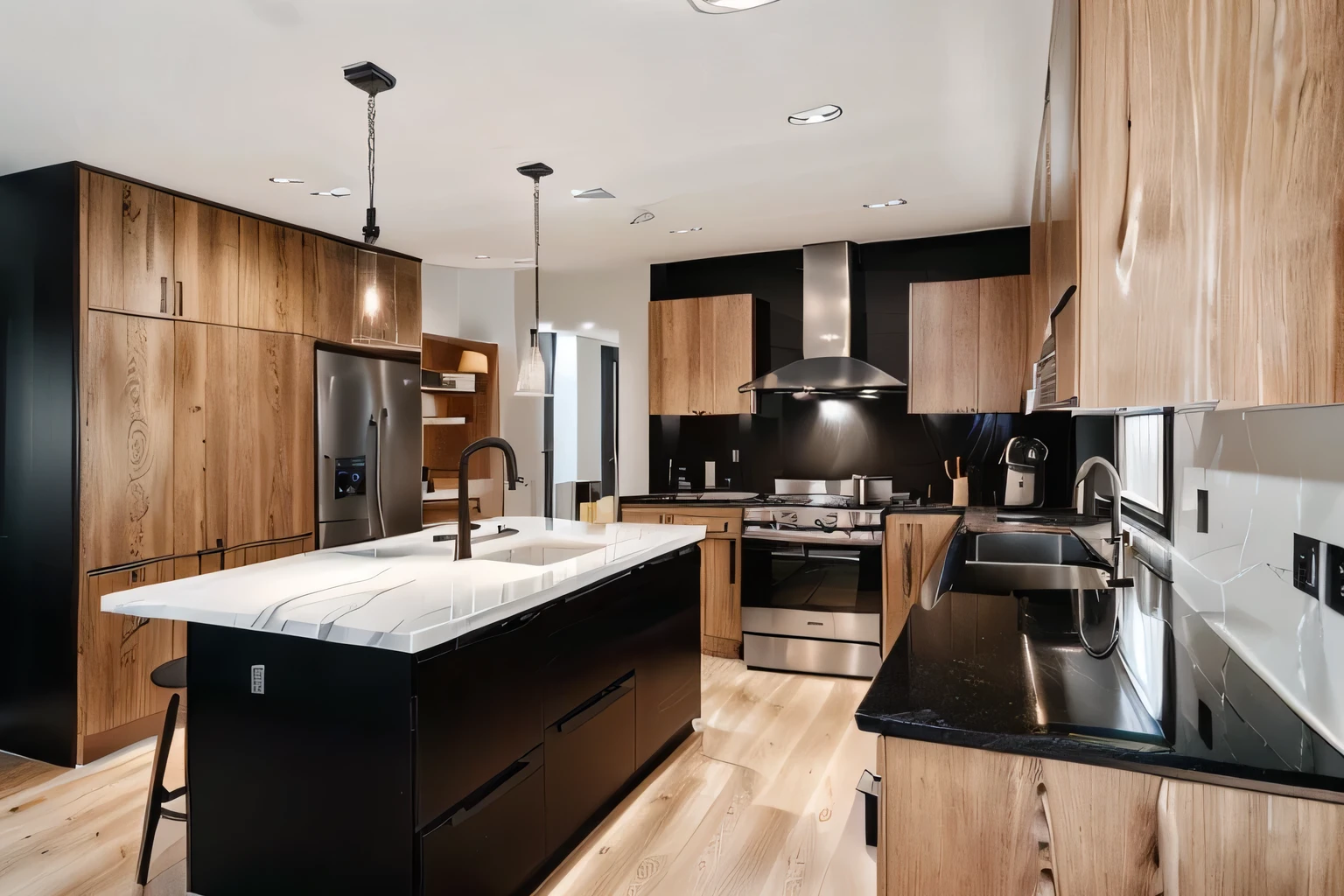 there is a kitchen with a black and white counter top, brown wood cabinets, magnificent design, wood cabinets, pristine and clean design, modern and minimalist, exceptional, functional and elegant look, modern rustic, clean and pristine design, neotraditional modern minimalist, dark kitchen, high quality rendering, modern minimalist, vivid and detailed, kitchen, elegant minimalism, minimalist