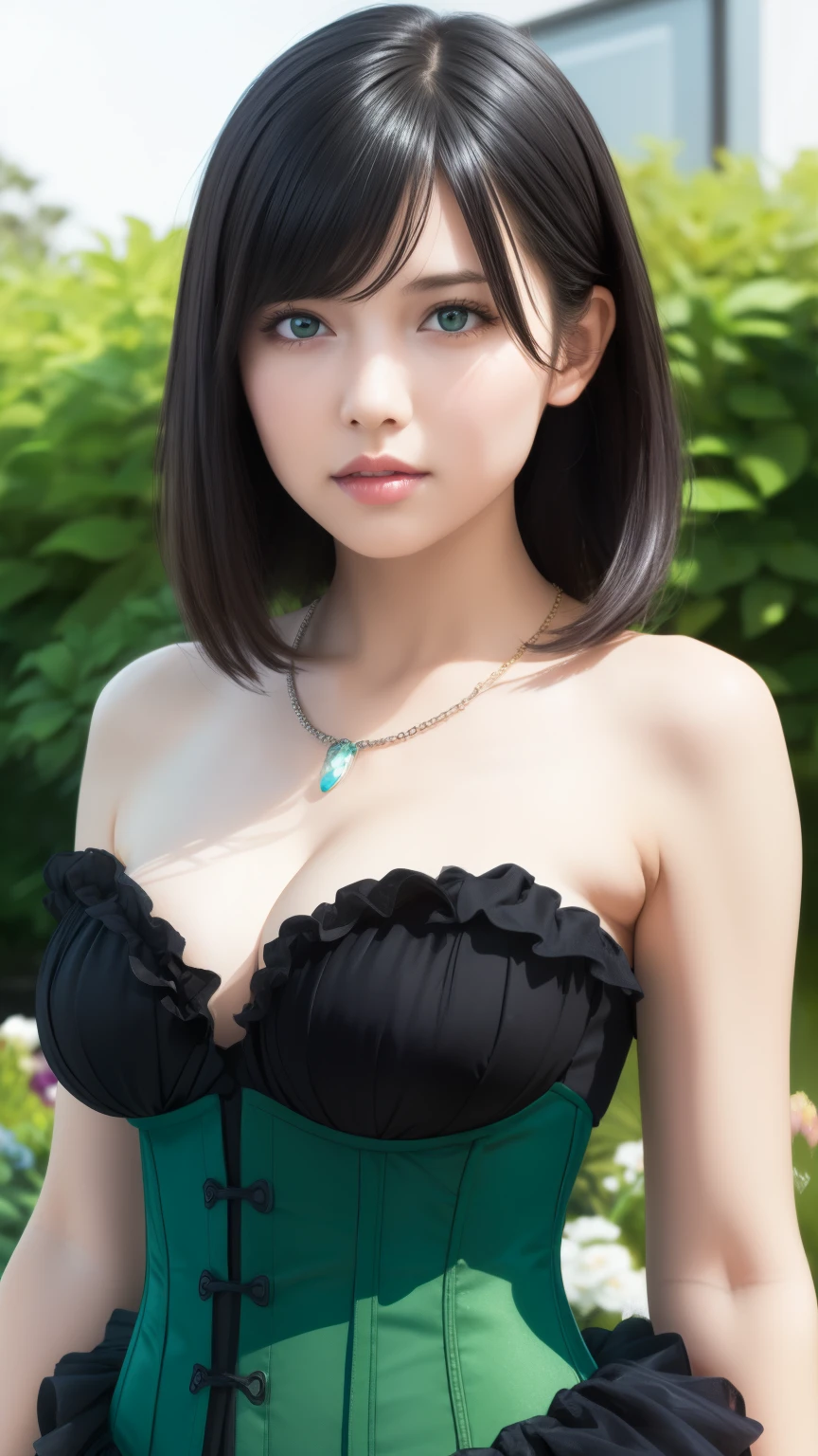 1girl, natural lighting, masterpiece, highly detailed, illustration, game CG, absurdres, high quality, aichan, (large breasts), beautiful green detailed eyes, short black hair, layered hair, bangs, glossy lips, garden, strapless frilly corset, necklace, bracelets, jewelry