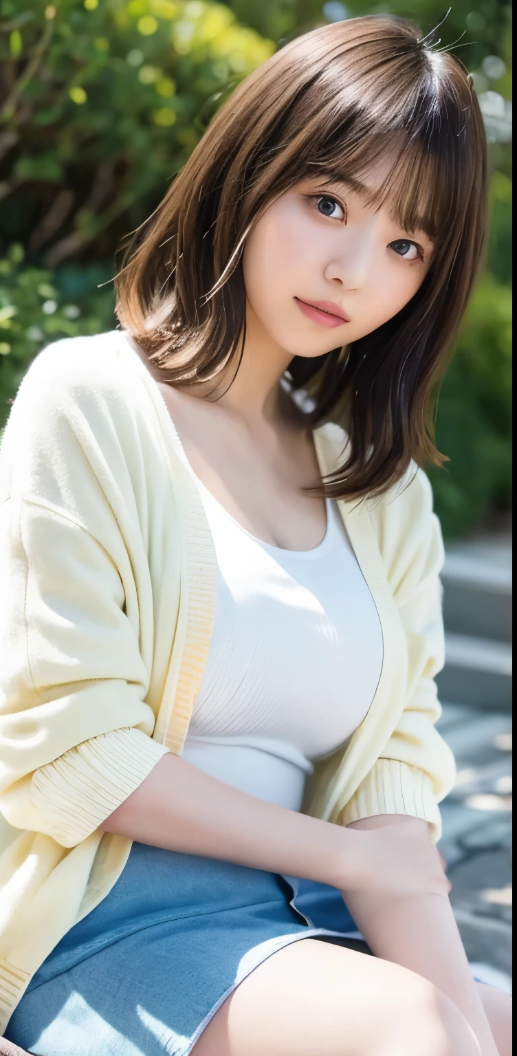 masterpiece, highest quality, 8k, 20th generation, Big Breasts, cute, alone, sad, cute, Girlish,cute 繊細な女の子, cute、Pure beauty,  RAW Photos, Professional photography, Portraiture, Soft Light, Professional Lighting, Backlight, avert your eyes, Sophisticated, Film Grain, (Eye and facial details:1.0), Round face、Floating Hair, beautiful, Flowing hair, Asymmetrical bangs、(Big Breasts:1.0)、White cut and sew、pastel cardigan、Micro Mini Skirt、Voluptuous thighs、dolly make、Heterochromia iridis、Midsummer sky、Cumulonimbuidsummer Beach