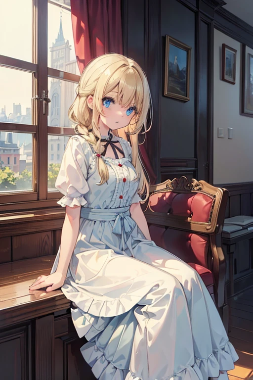 masterpiece, highest quality, High resolution, 37-year-old woman、blue eyes、
blonde,  Braiding、Crimson frill dress、Long skirt、Western-style building、Sit by the window