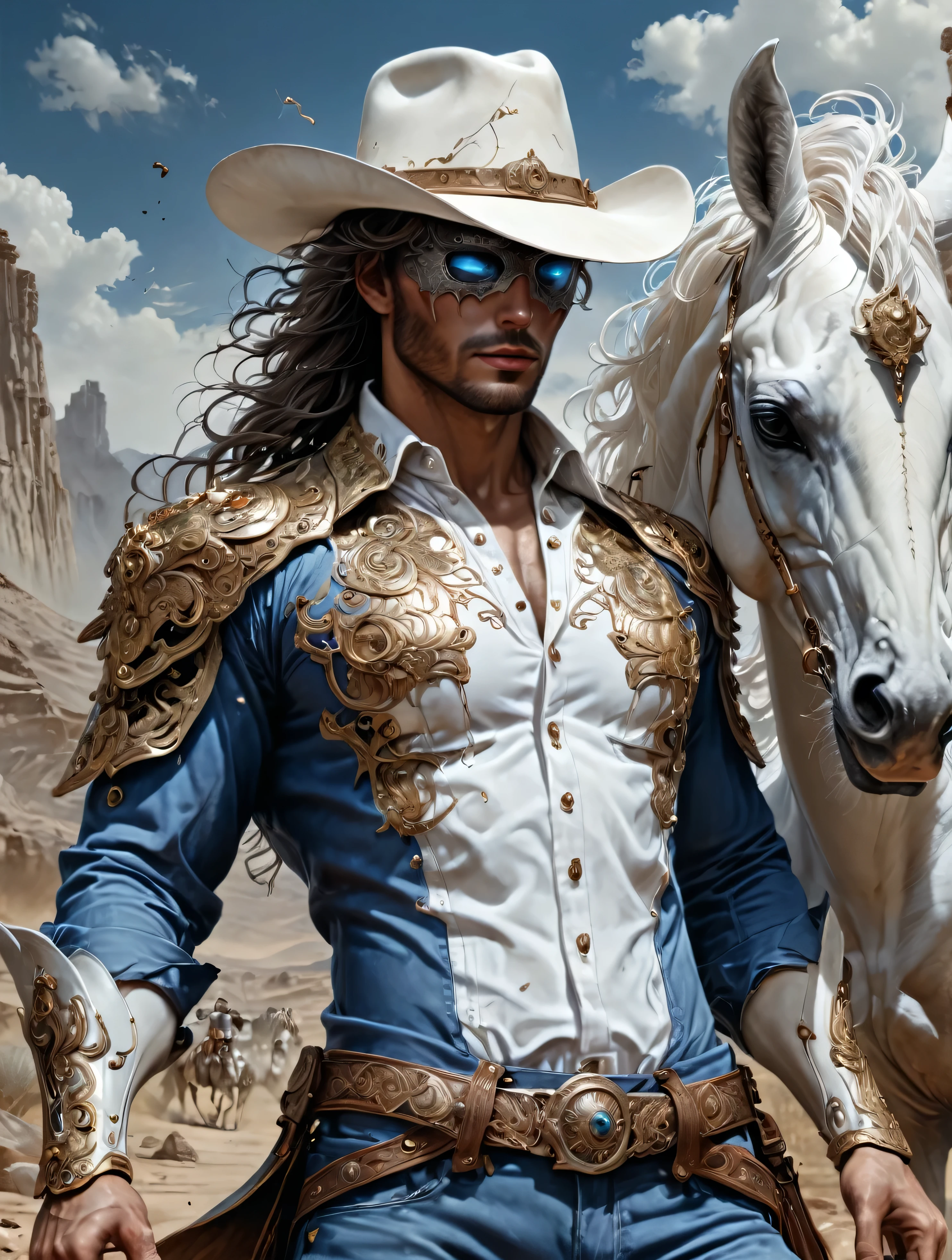 a caucasian Cowboy stuck in the Wild West, with hero mask over eyes, blue shirt, blue pants, white cowboy hat, White horse, masterpiece,kbak style,epic,8k,cinematic,trending on artstation and deviantart,ultra detailed