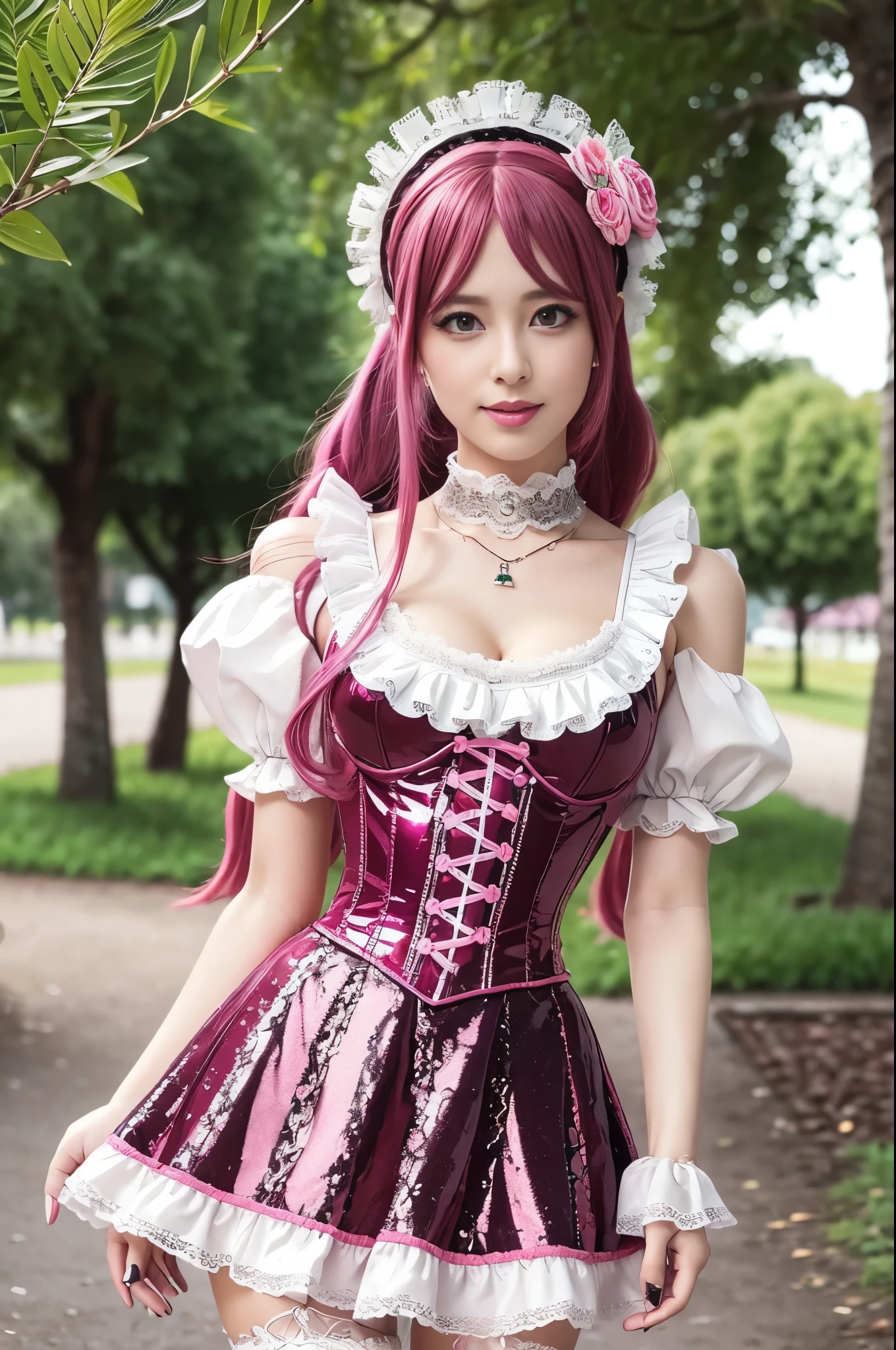 sexy stylish Swedish model, only 1 female, ((doll-like appearance)), long neon pink stylish hair, ((shiny Victorian-Style boots)), beautiful smile, ultra detailed eyes, vivid eye makeup, lipgloss, long lashes, defined eyebrows, ((sexy Paradise Kiss cosplay)), bell-shaped skirt, petticoats, high neckline, puffed sleeves, (( ultra detailed lace)), ((ultra detailed embroidery)), intricate details, Paradise Kiss accessoires and matching headpiece, choker, ((large sparkling Paradise Kiss jewelry)), cinematic light, detailed large park background with trees