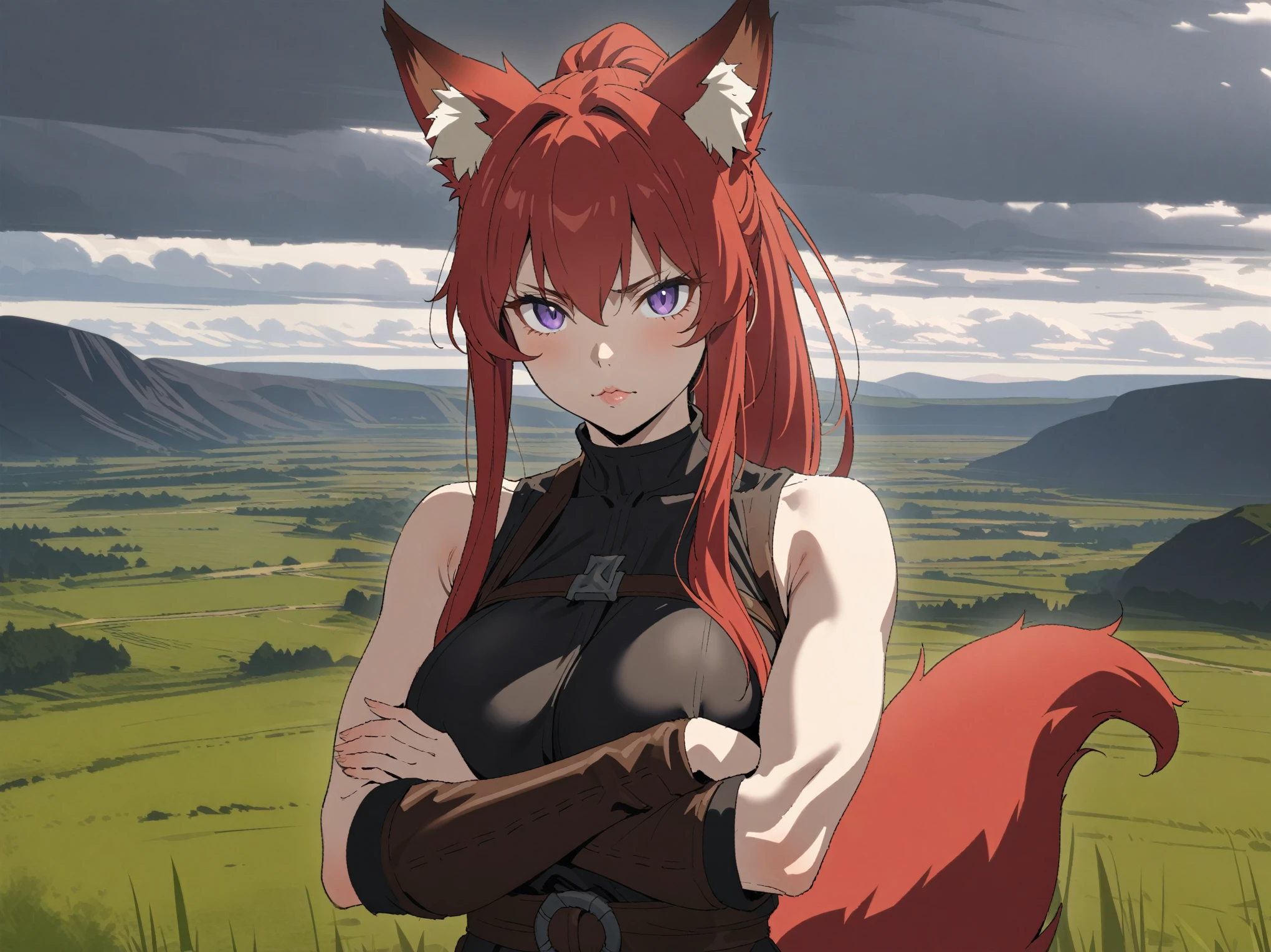 (Masterpiece, best quality, highres, portrait) {{Artist: Sincos}} 1 woman, solo, old, fair skin, strong, sharp eyes, red fox ears, red fox tail, purple eyes, lips, red hair, long hair, ponytail, big breasts, simple black tunic, sleeveless tunic, white pants, leather boots, adventurer, looking at camera, crossed arms, stern, standing straight, in field, norse village in distance, cloudy, medieval fantasy.

