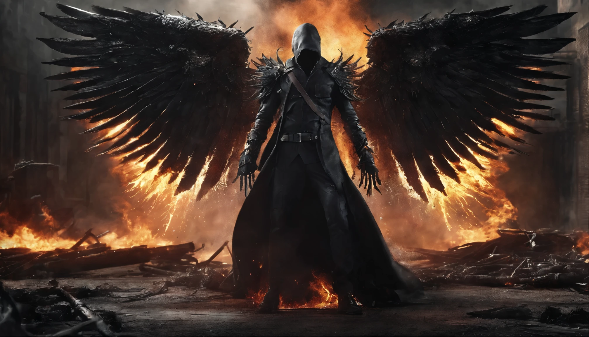  Fallen male Angel, front view, dirty body, ((face to viewer)), fire, inferno, sparks, industrial wings, Biomechanical, eerie, Dream-like, Very dark colors, Light particles, with light glowing, Lucifer, wallpaper art, UHD wallpaper, fire sparks,