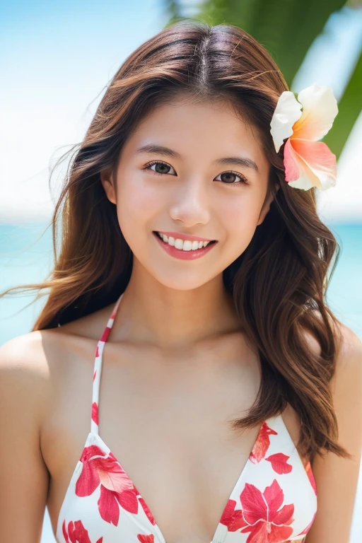 Young Japanese Woman, 30th Generation, White brown hair, thin, 4K, In 8K, high quality, beauty, Beautiful Eyes, High resolution,1 person,   lipstick,light makeup,Tropical Beach、White bikini with hibiscus pattern 、smile:1.8、