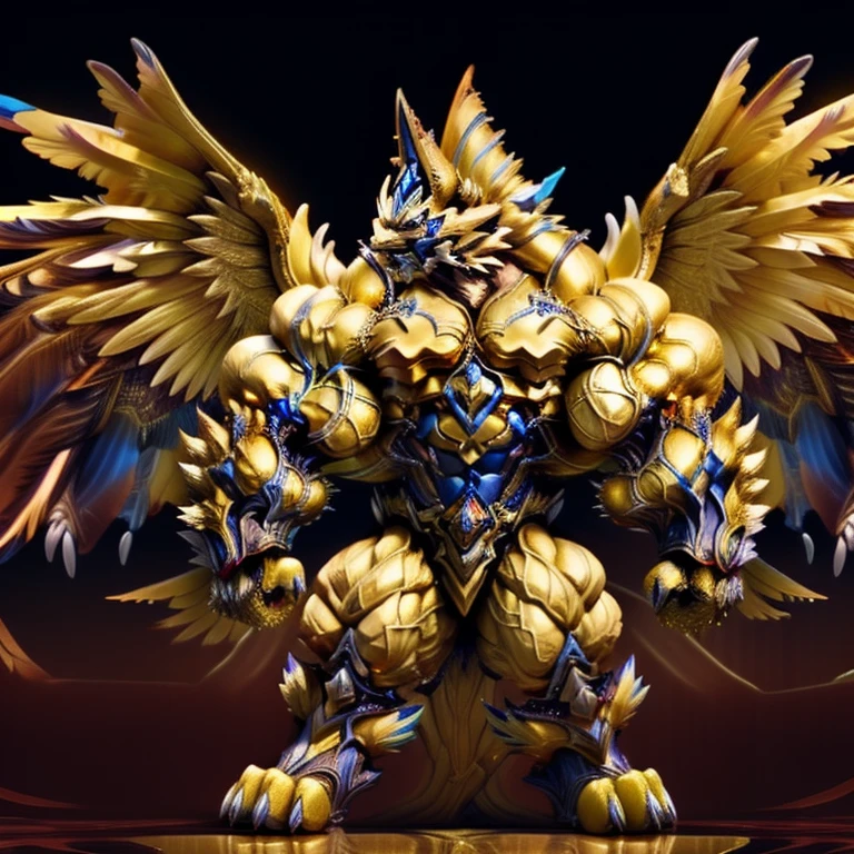 (Zeraora), (masterpiece, best quality, detailed:1.5), (nj5furry) (medieval armor:1)
sparkling skin,
Vibrant colors, 4K,
GOLD armor,
Its full plate armor emphasizes the muscles.
big muscle (pecs, triceps, traps)
unusually developed muscular body,
body full of huge muscles.
showing off muscles,
pectorales enormes.
Exaggeratedly huge muscles.
Gigachad Muscular,
Very muscular, Large pecs, 
Spread wings,
It has wings.
have big wings.
has 10 large wings.
It has large golden wings.
The feathers on its wings are detailed and realistic. 
