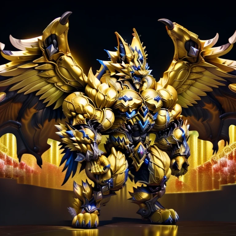 (Zeraora), (masterpiece, best quality, detailed:1.5), (nj5furry) (medieval armor:1)
sparkling skin,
Vibrant colors, 4K,
GOLD armor,
Its full plate armor emphasizes the muscles.
big muscle (pecs, triceps, traps)
unusually developed muscular body,
body full of huge muscles.
showing off muscles,
pectorales enormes.
Exaggeratedly huge muscles.
Gigachad Muscular,
Very muscular, Large pecs,
Spread wings,
It has wings.
have big wings.
has 10 large wings.
It has large golden wings.
The feathers on its wings are detailed and realistic.